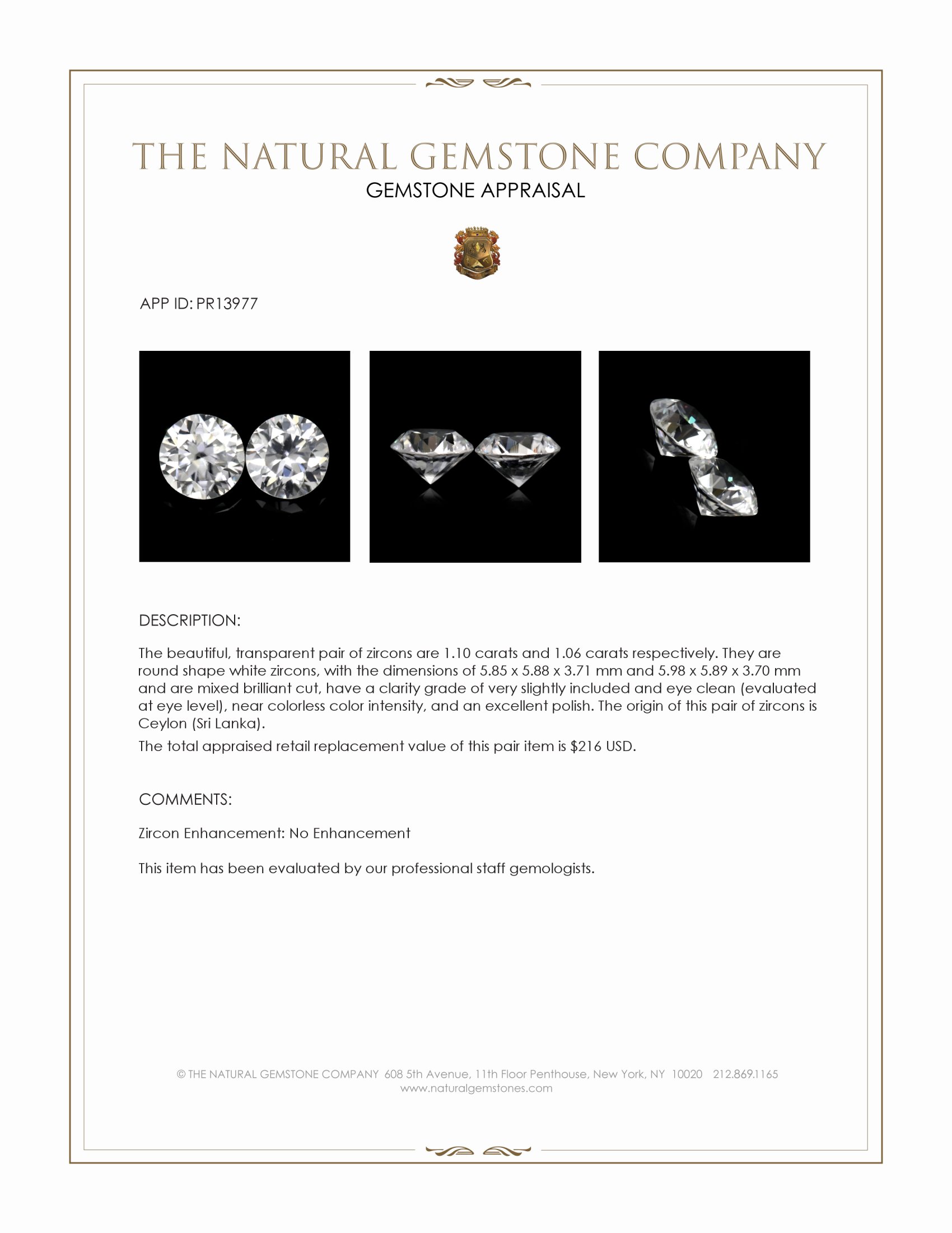 2.16 Ct.Tw. White Zircon Pair from Ceylon (Sri Lanka)