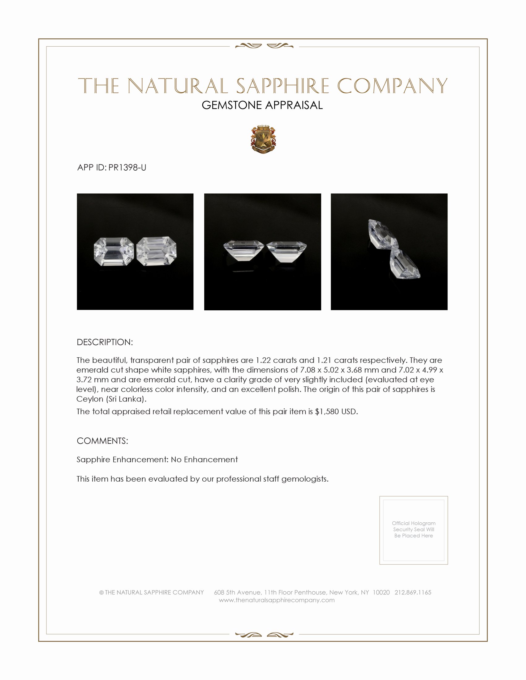 2.43 Ct.Tw. White Sapphire Pair from Ceylon (Sri Lanka)