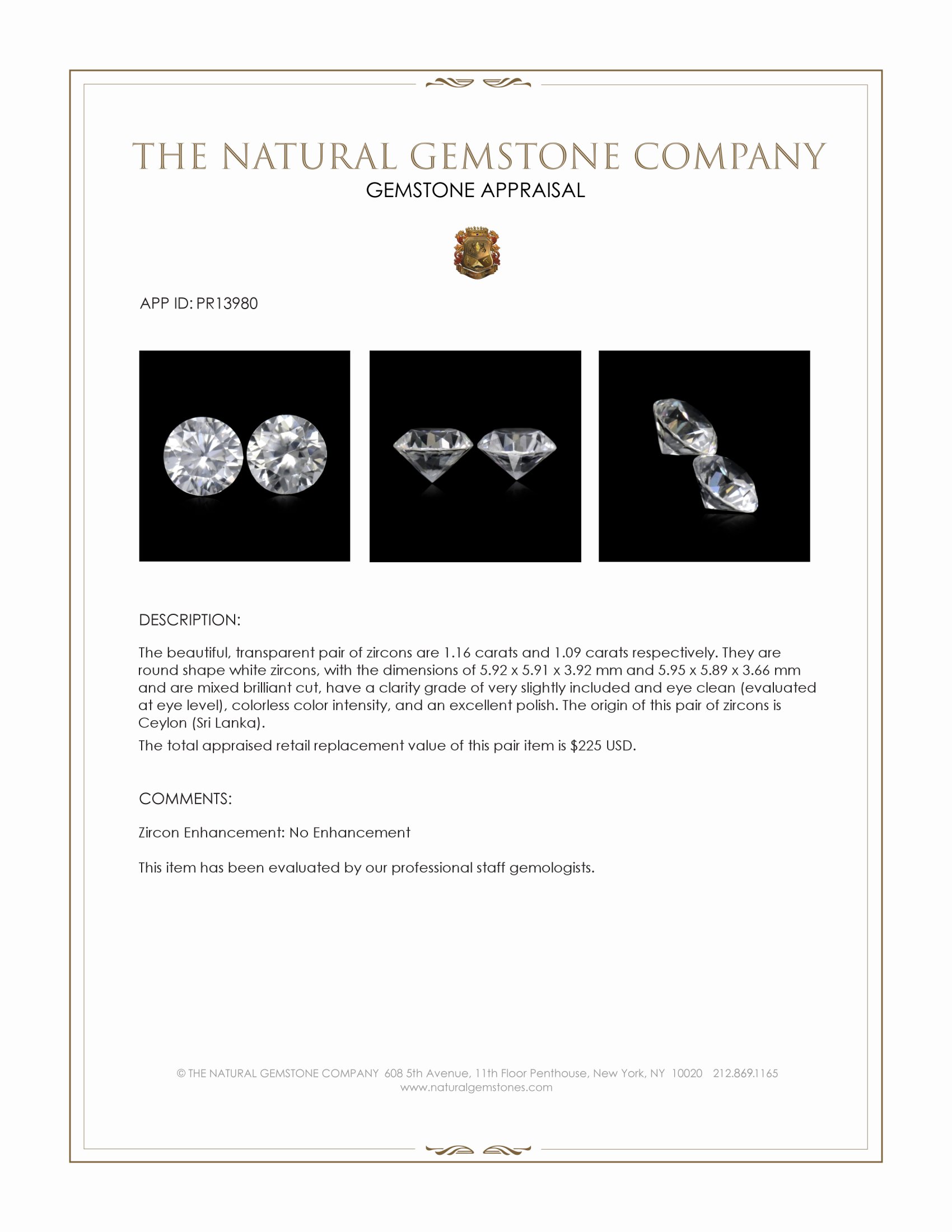 2.25 Ct.Tw. White Zircon Pair from Ceylon (Sri Lanka)