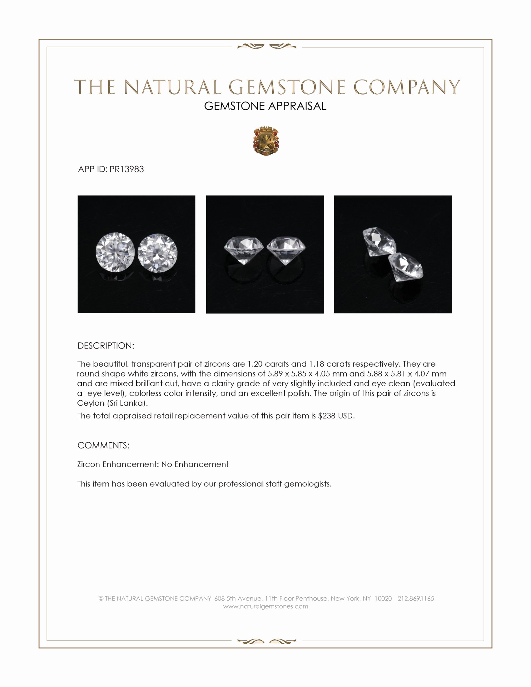 2.38 Ct.Tw. White Zircon Pair from Ceylon (Sri Lanka)