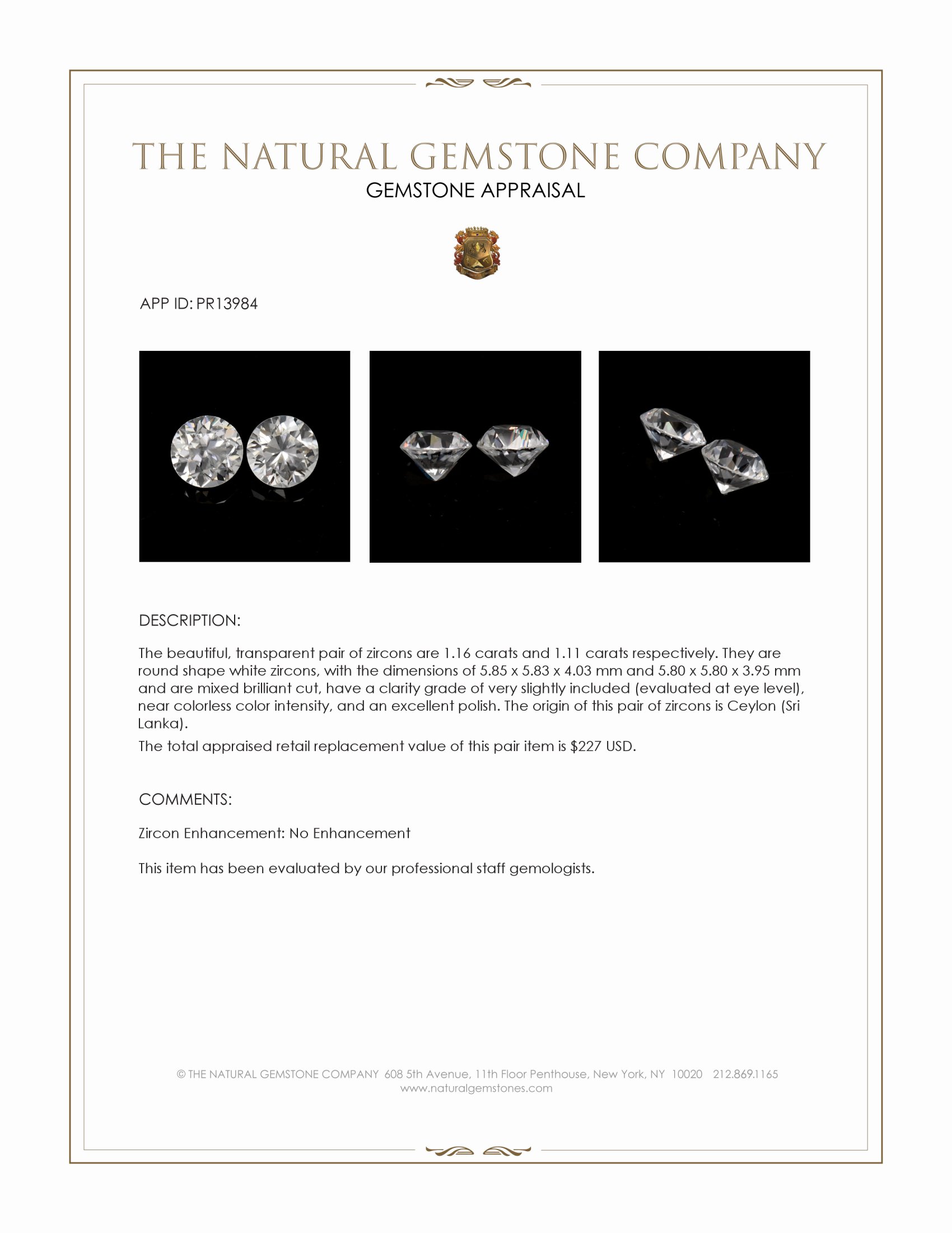 2.27 Ct.Tw. White Zircon Pair from Ceylon (Sri Lanka)