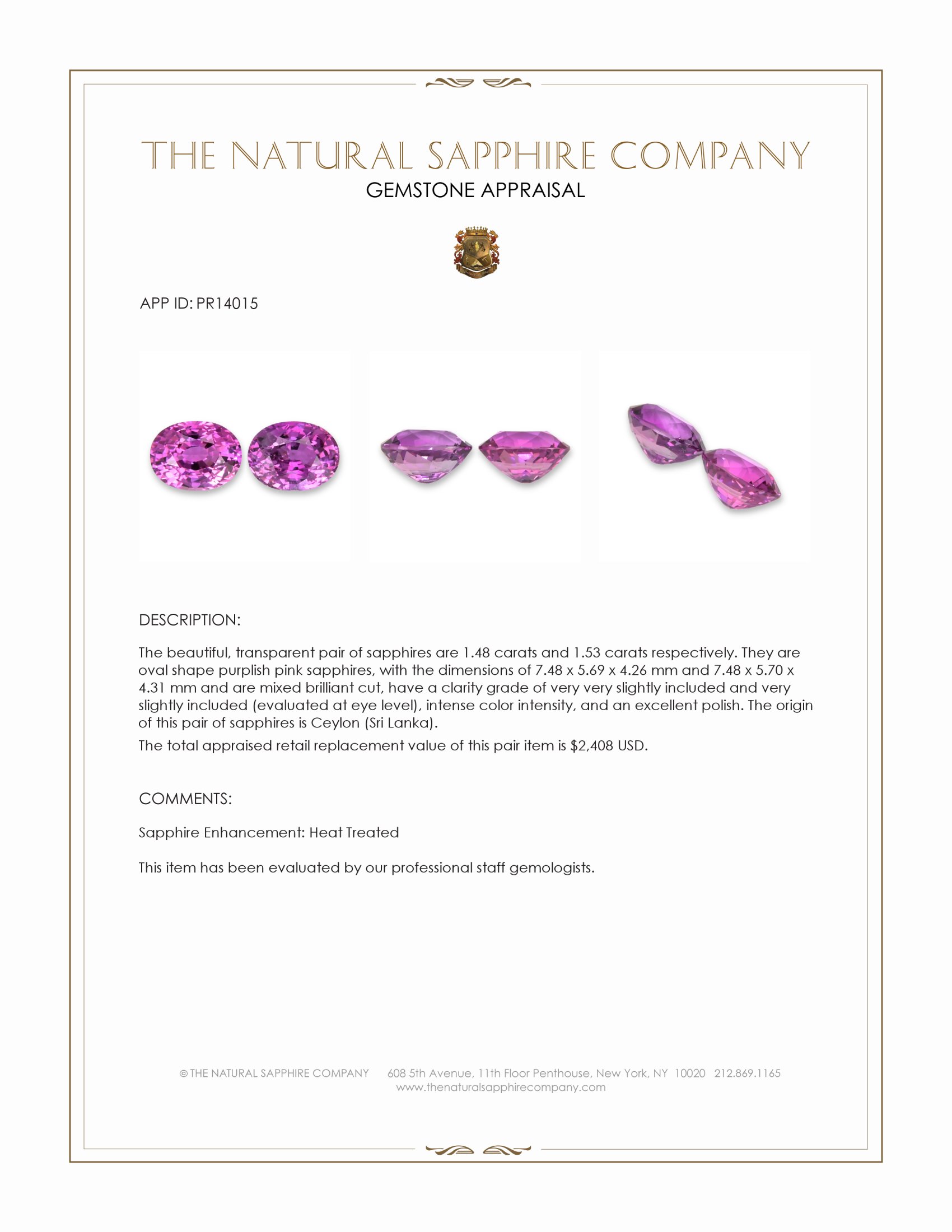 3.01 Ct.Tw. Purplish Pink Sapphire Pair from Ceylon (Sri Lanka)