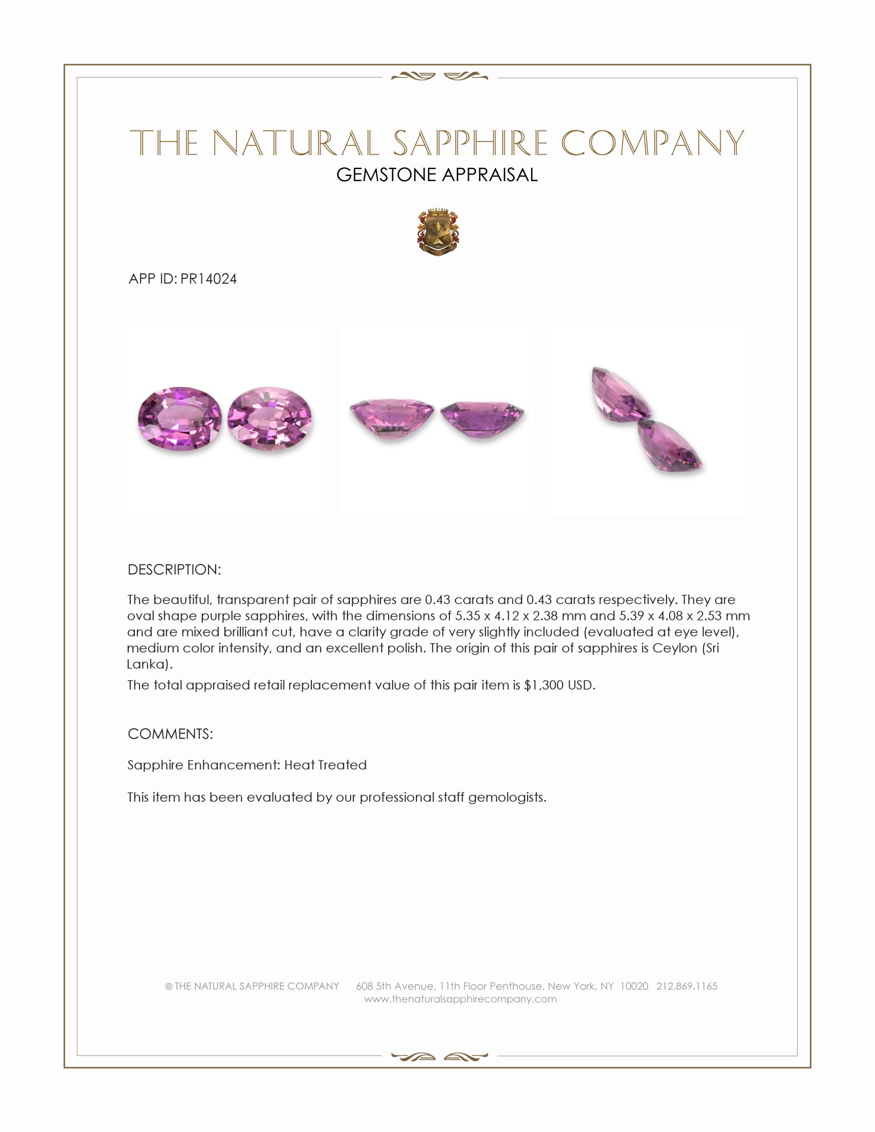 0.86 Ct.Tw. Purple Sapphire Pair from Ceylon (Sri Lanka)