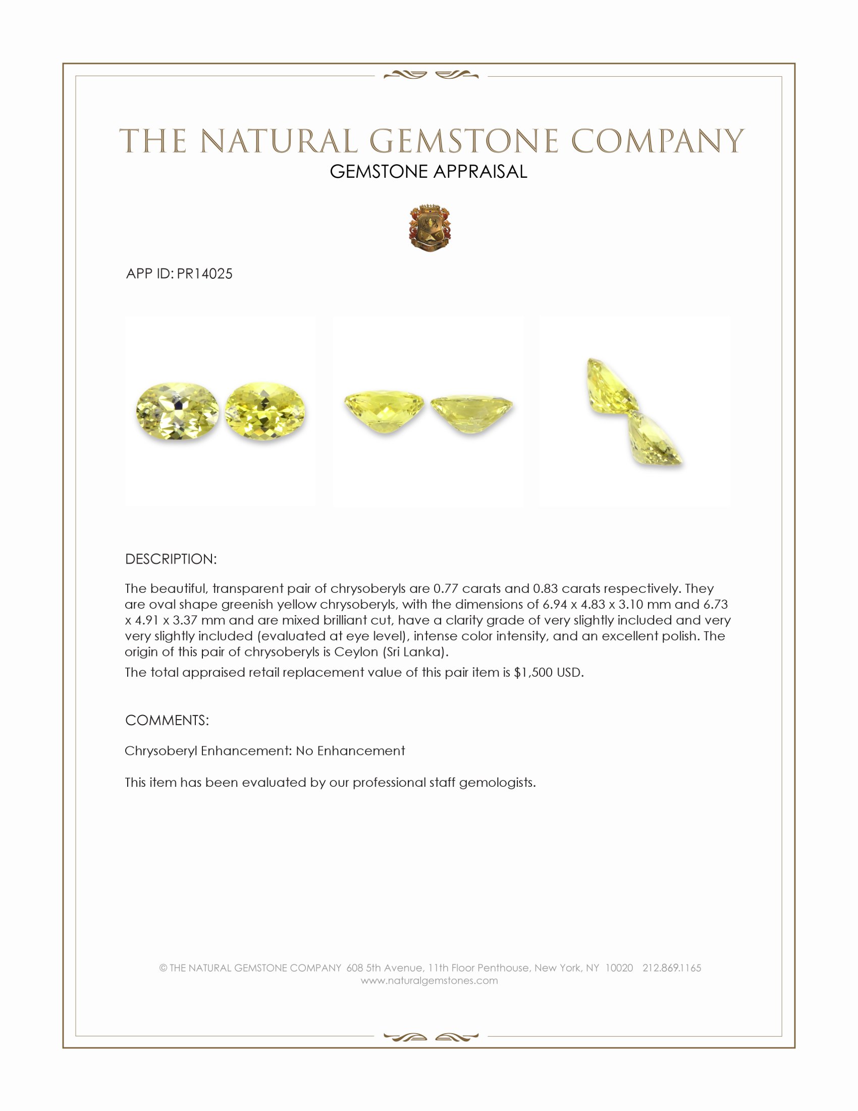 1.60 Ct.Tw. Greenish Yellow Chrysoberyl Pair from Ceylon (Sri Lanka)