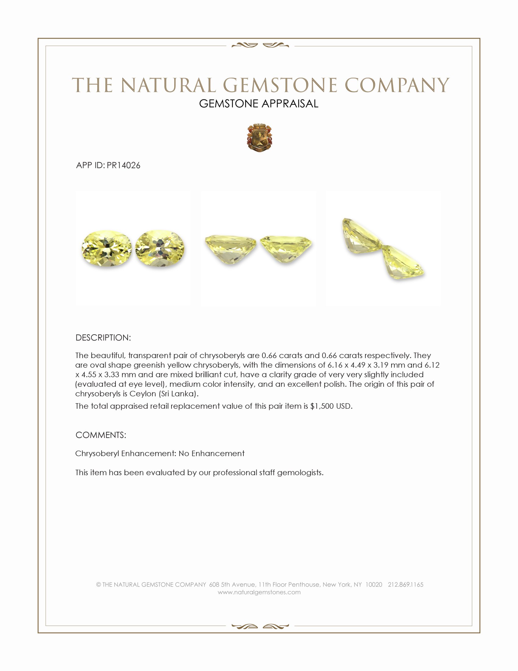 1.32 Ct.Tw. Greenish Yellow Chrysoberyl Pair from Ceylon (Sri Lanka)