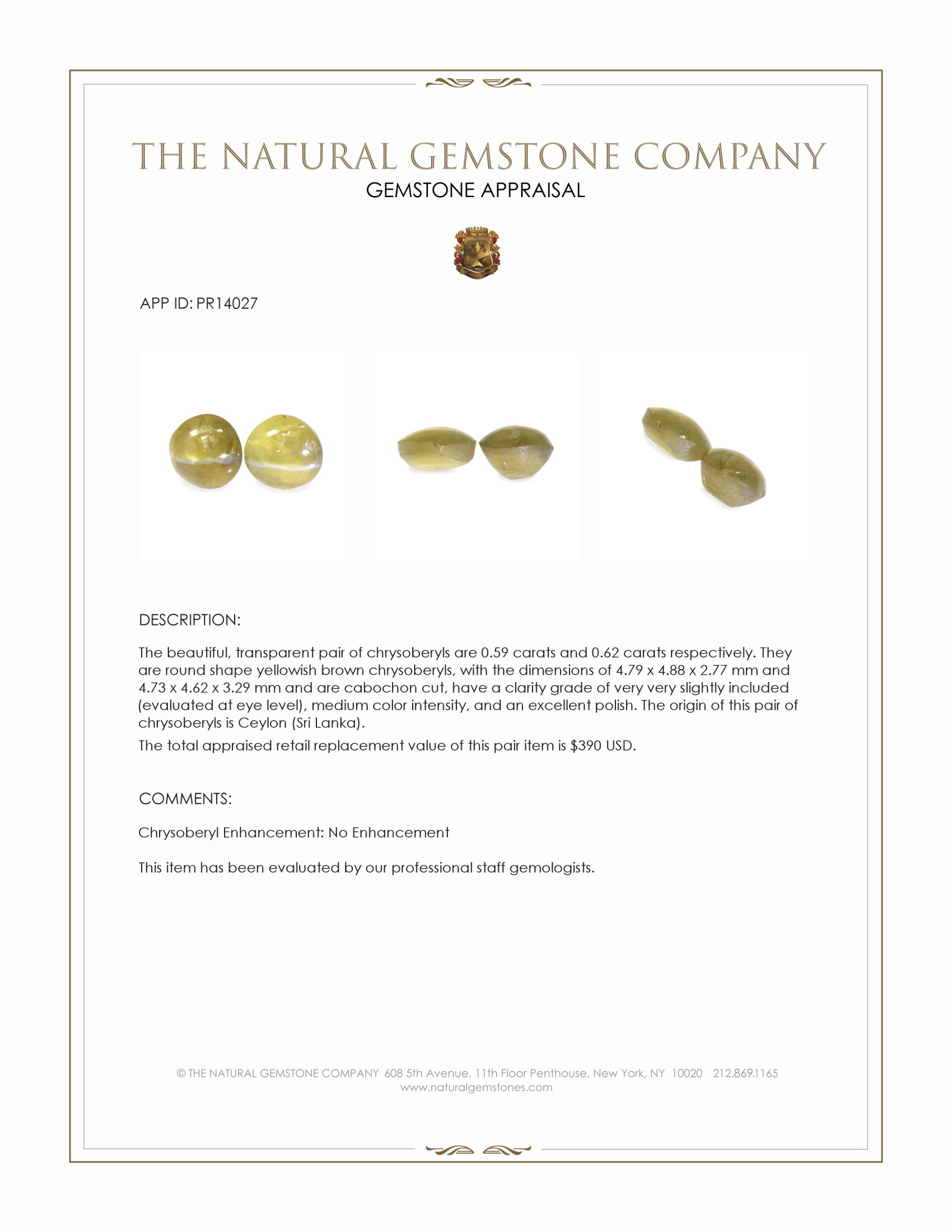 1.21 Ct.Tw. Yellowish Brown Cabochon Chrysoberyl Pair from Ceylon (Sri Lanka)