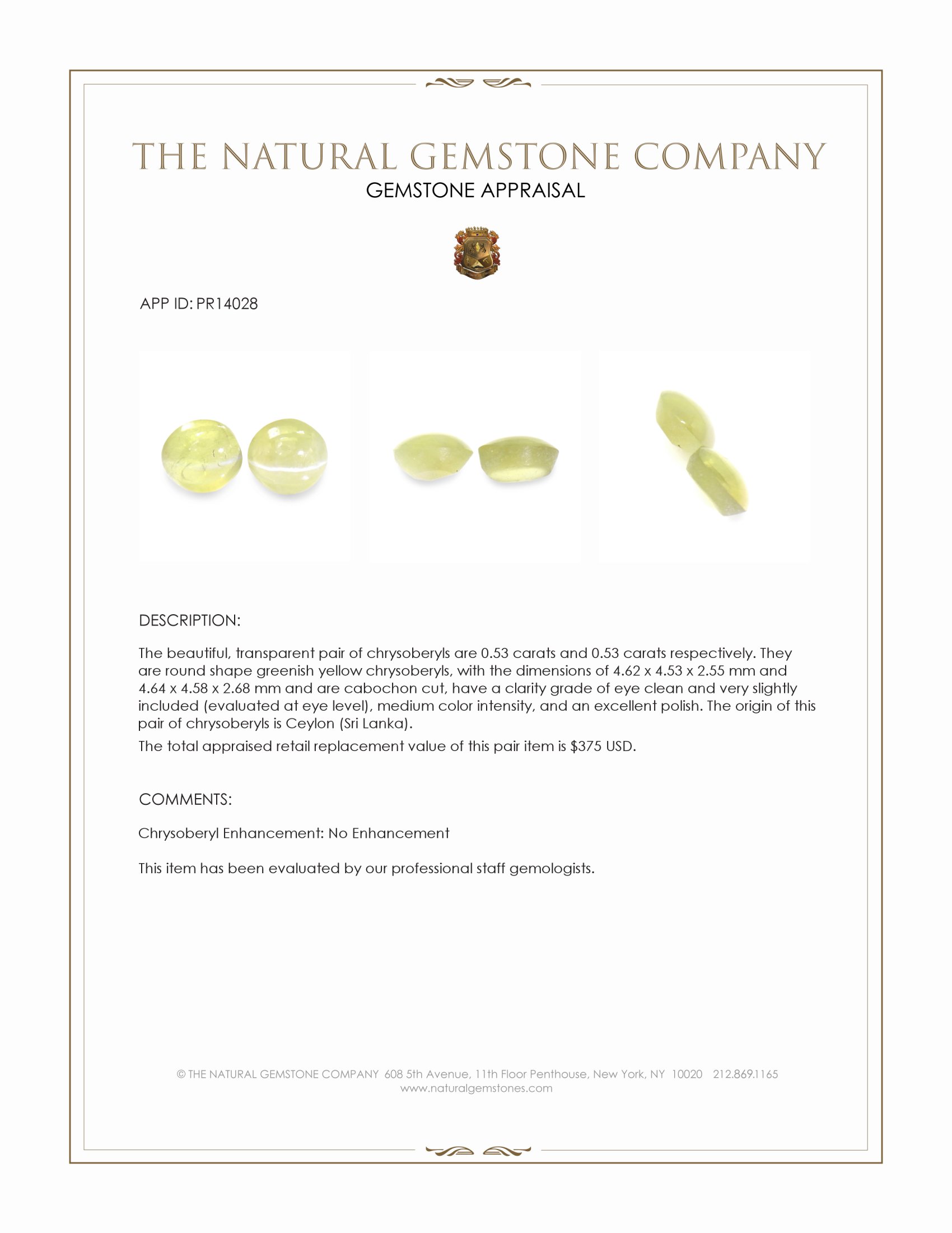 1.06 Ct.Tw. Greenish Yellow Cabochon Chrysoberyl Pair from Ceylon (Sri Lanka)