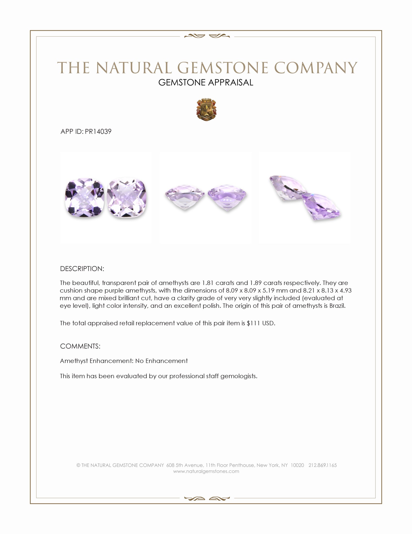 3.70 Ct.Tw. Purple Amethyst Pair from Brazil
