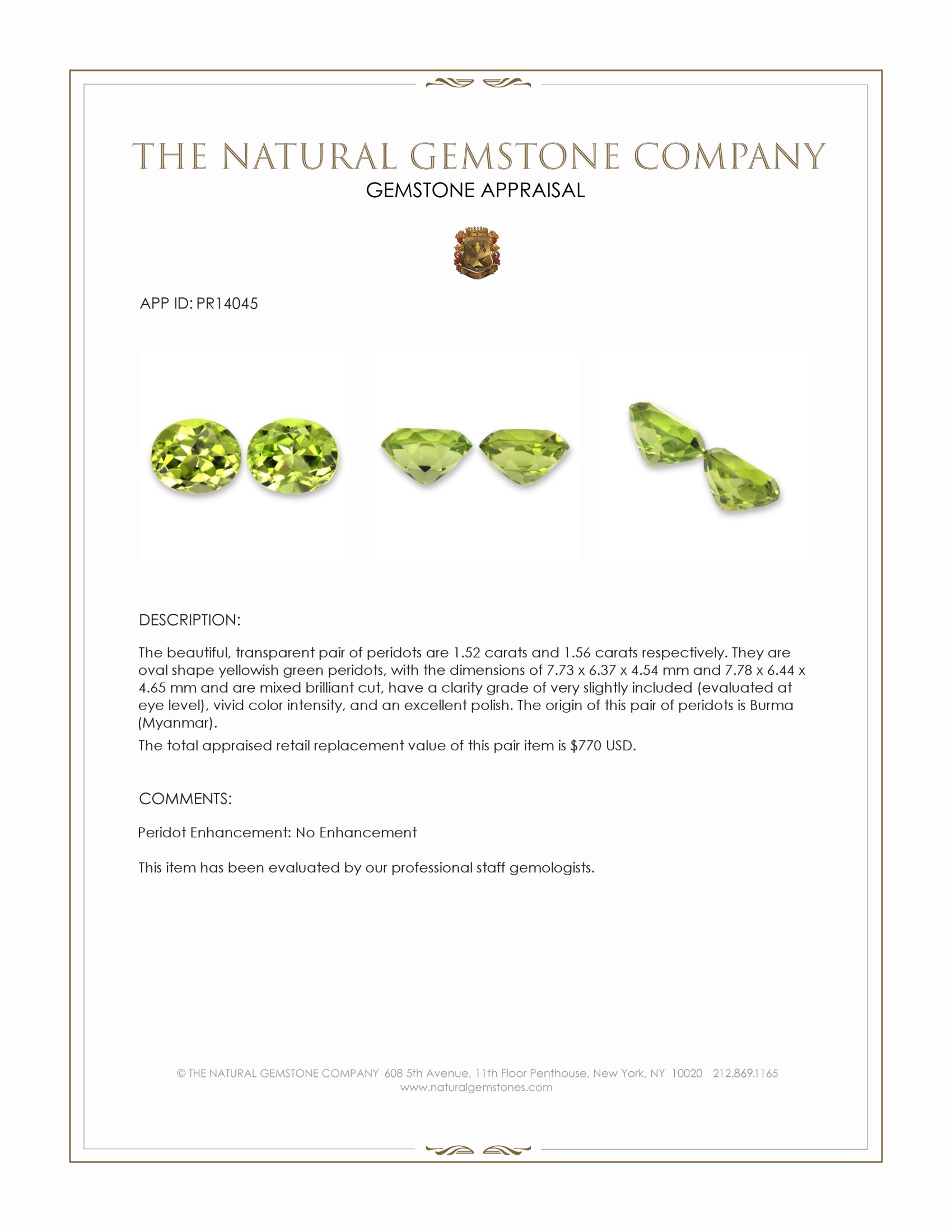 3.08 Ct.Tw. Yellowish Green Peridot Pair from Burma (Myanmar)