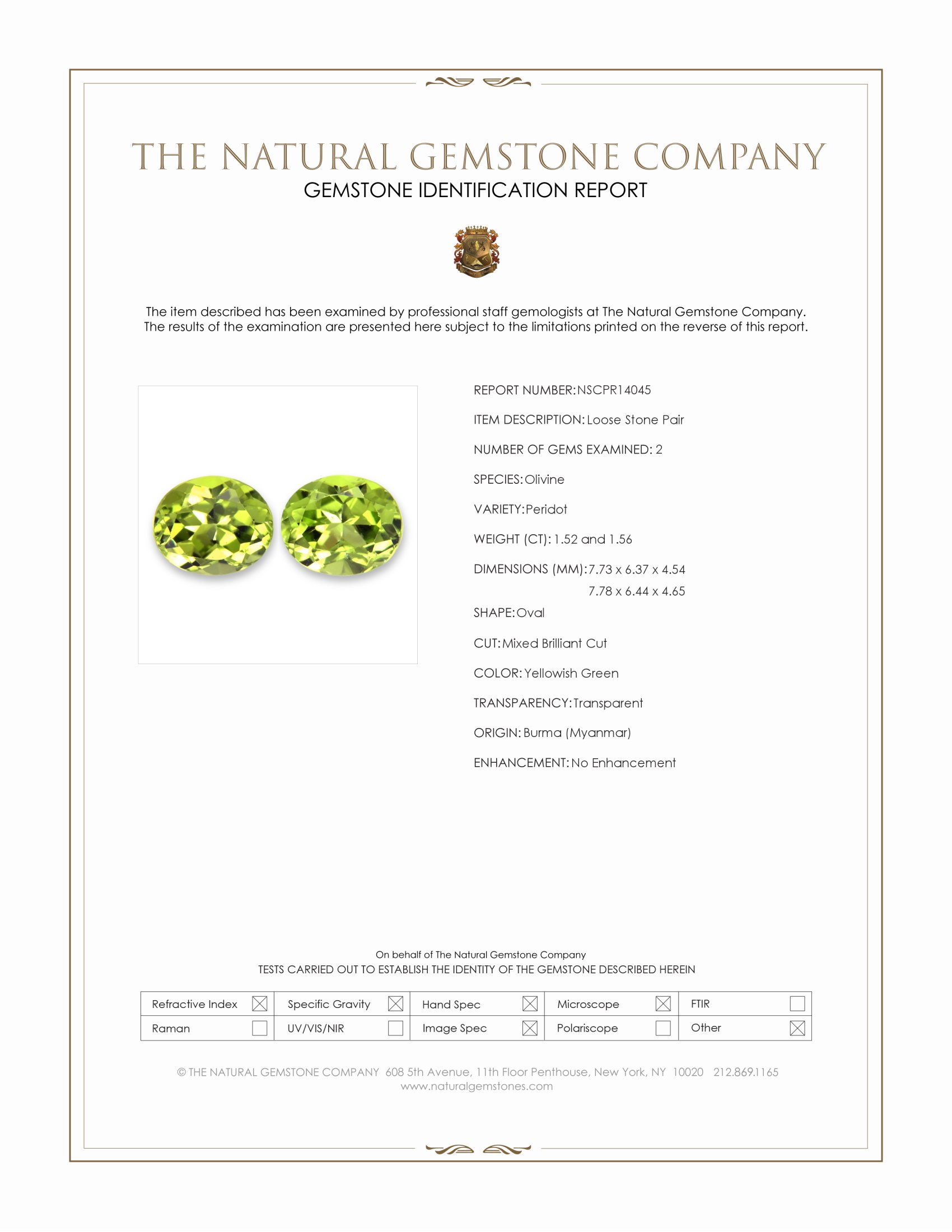 3.08 Ct.Tw. Yellowish Green Peridot Pair from Burma (Myanmar)
