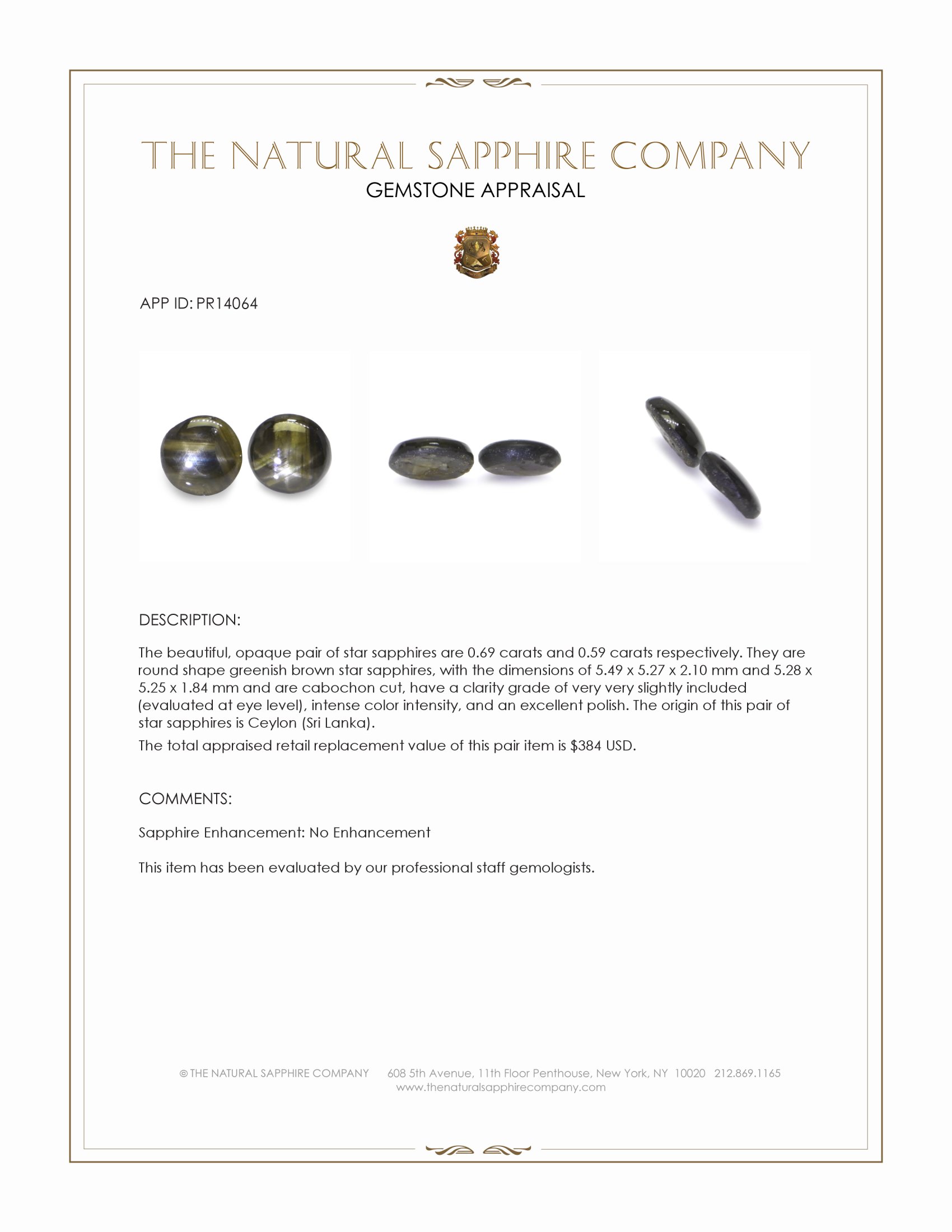 1.28 Ct.Tw. Greenish Brown Star Sapphire Pair from Ceylon (Sri Lanka)