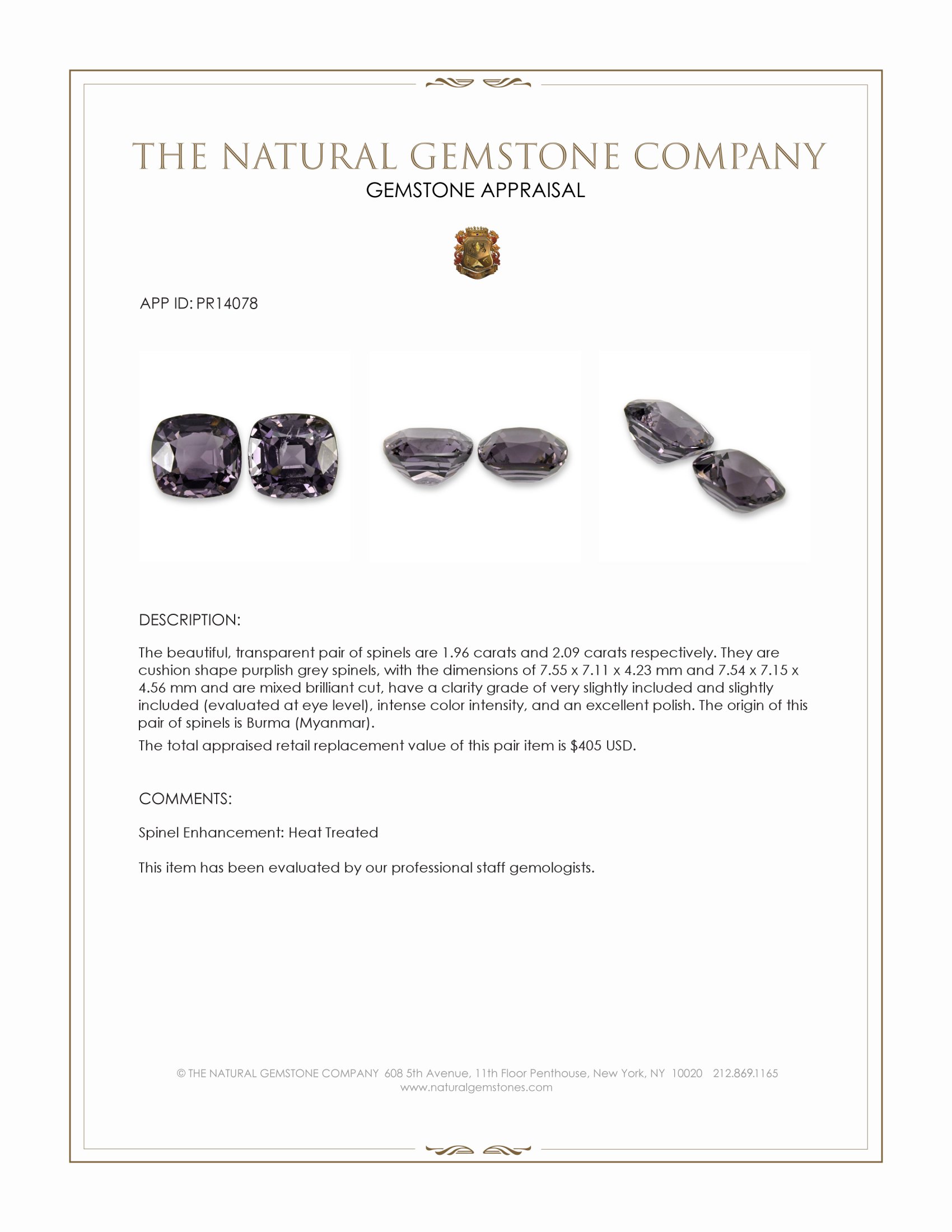 4.05 Ct.Tw. Purplish Grey Spinel Pair from Burma (Myanmar)