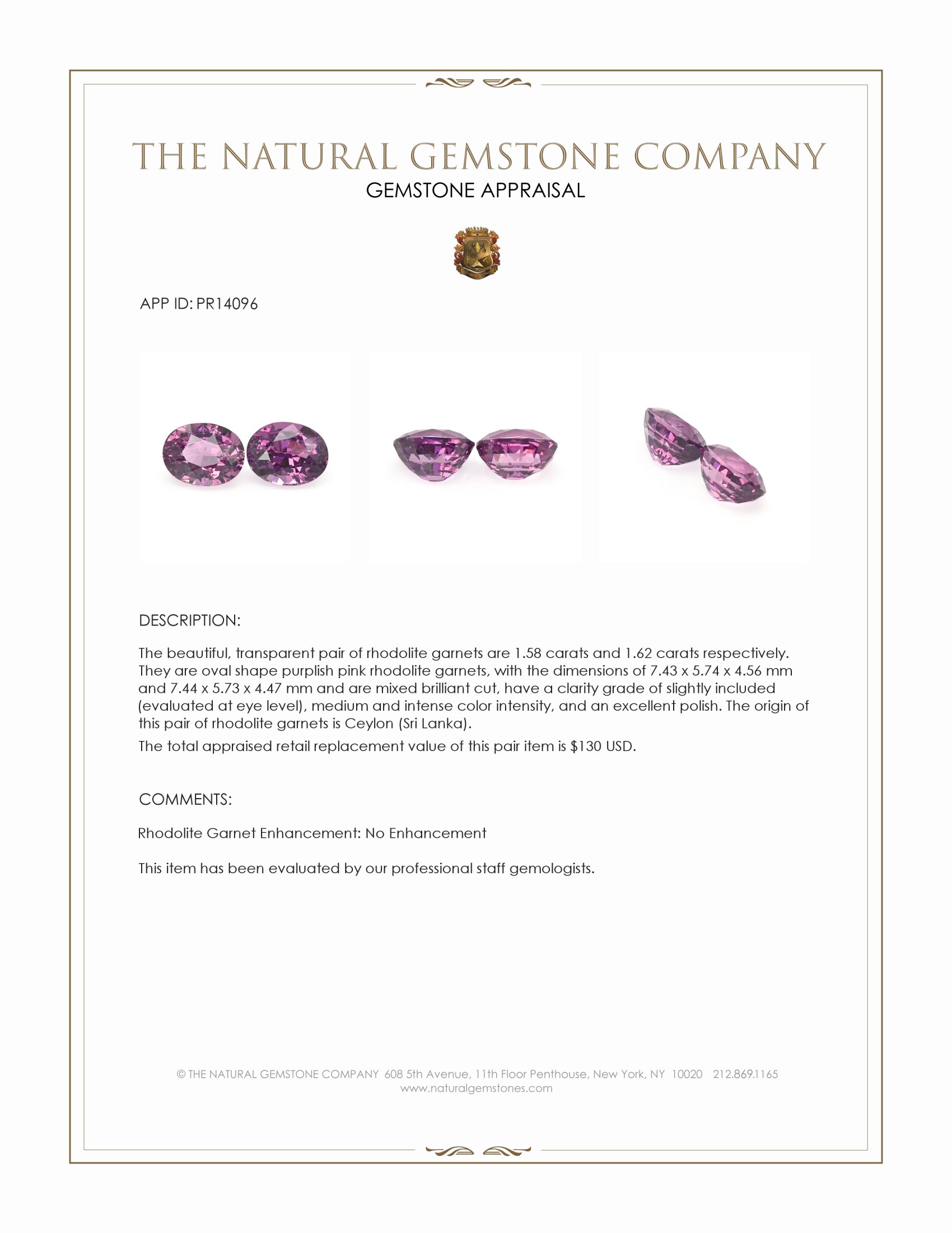3.20 Ct.Tw. Purplish Pink Rhodolite Garnet Pair from Ceylon (Sri Lanka)