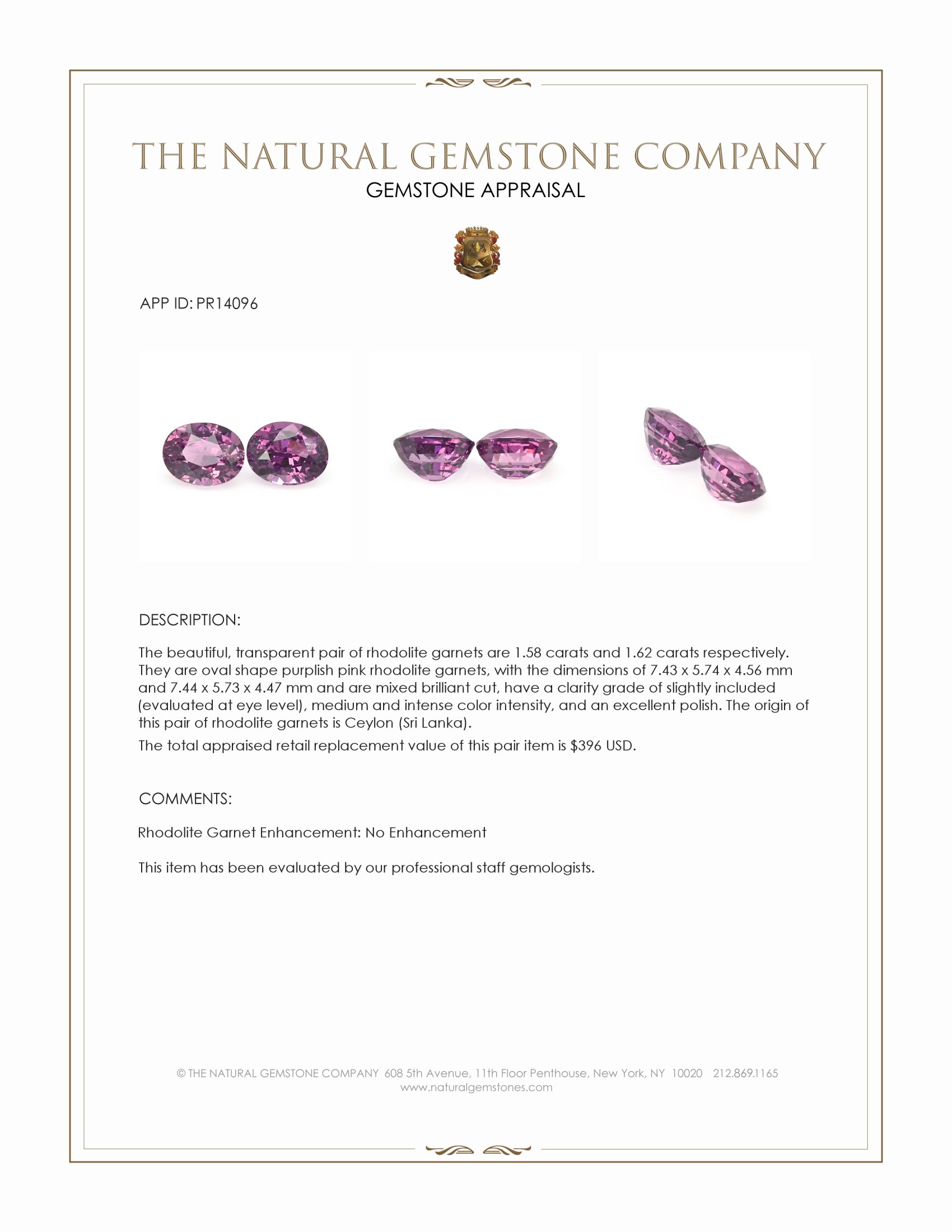 3.20 Ct.Tw. Purplish Pink Rhodolite Garnet Pair from Ceylon (Sri Lanka)