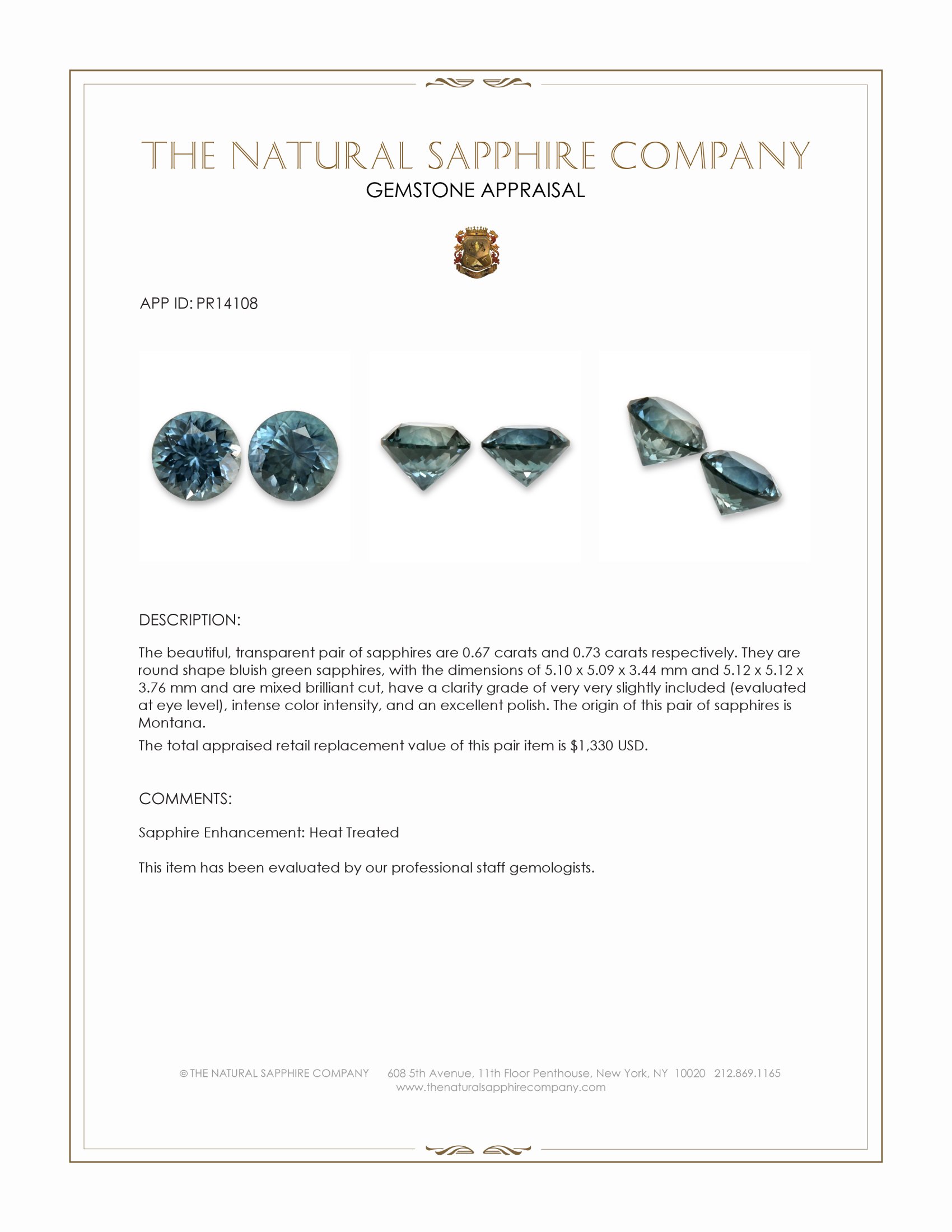 1.40 Ct.Tw. Bluish Green Sapphire Pair from Montana