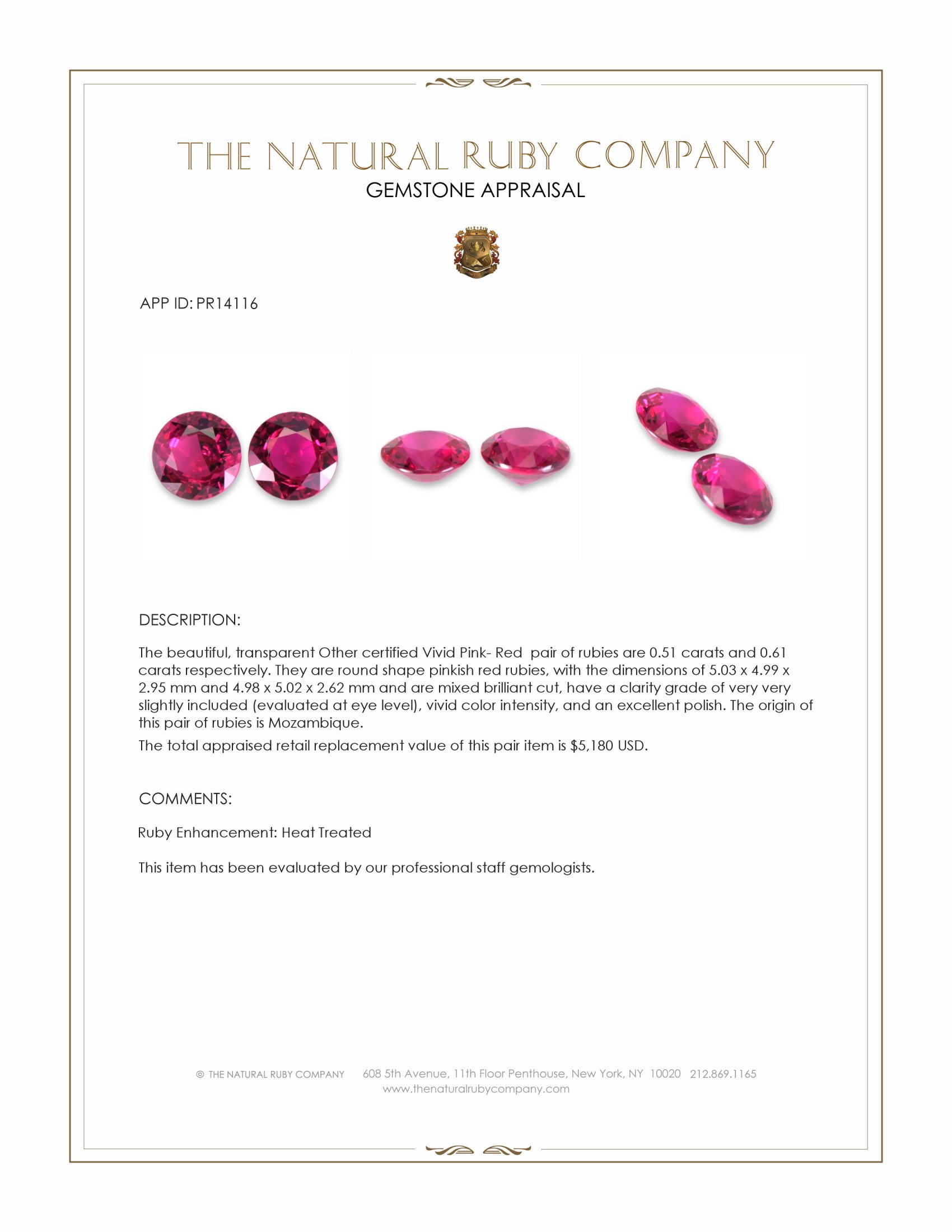 1.12 Ct.Tw. Pinkish Red Ruby Pair from Mozambique