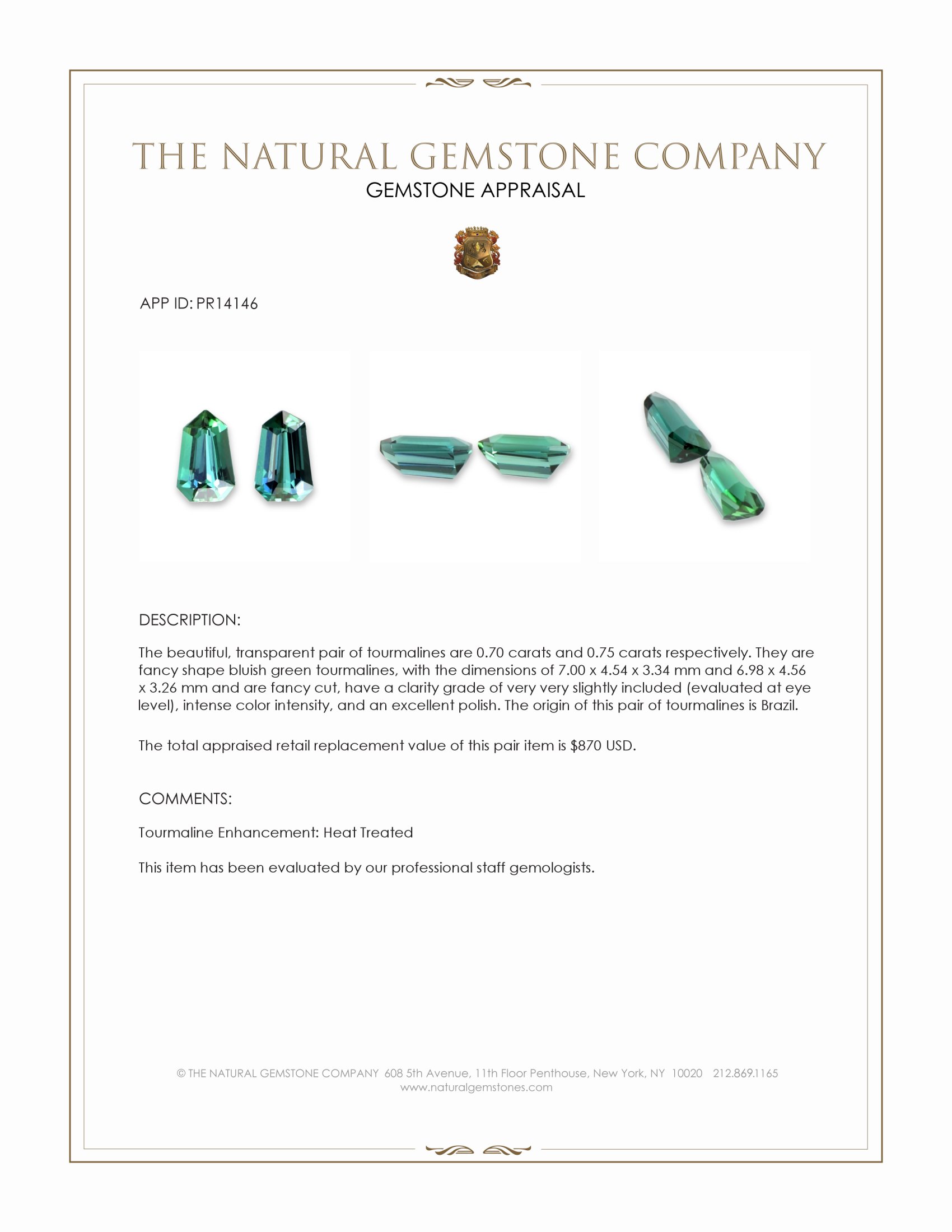 1.45 Ct.Tw. Bluish Green Tourmaline Pair from Brazil