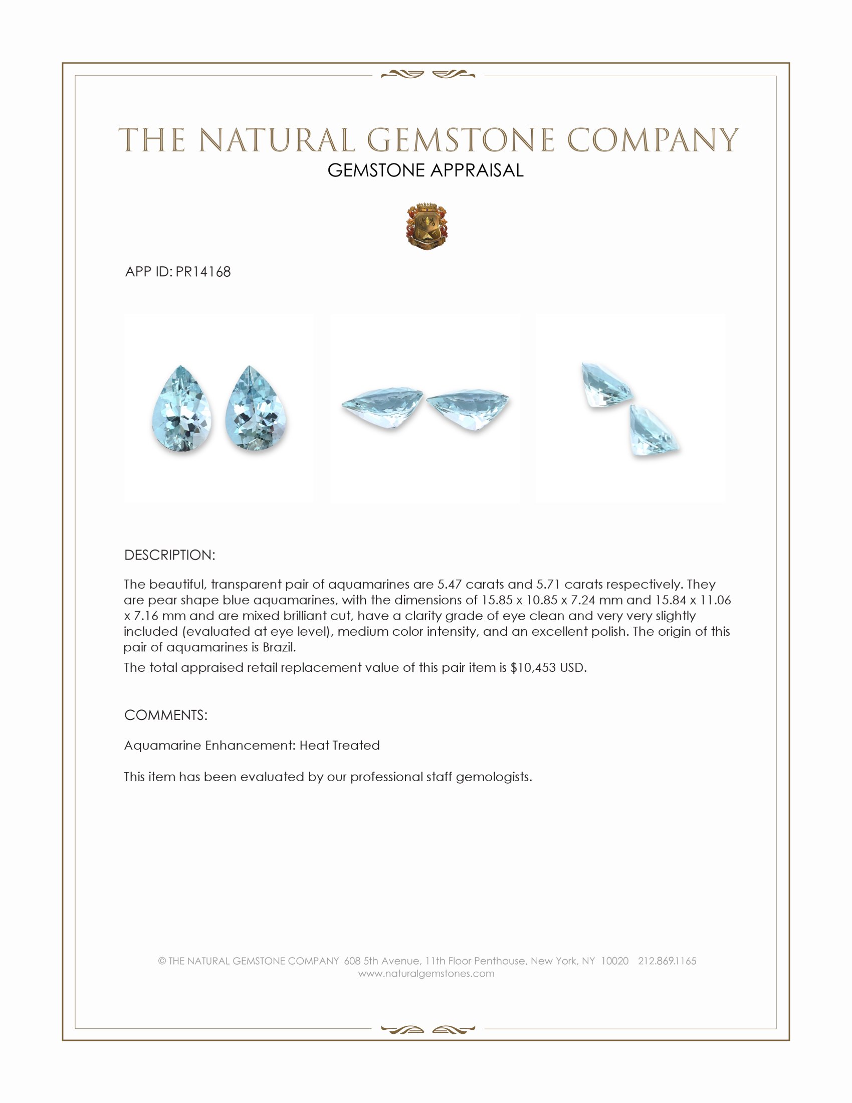11.18 Ct.Tw. Blue Aquamarine Pair from Brazil