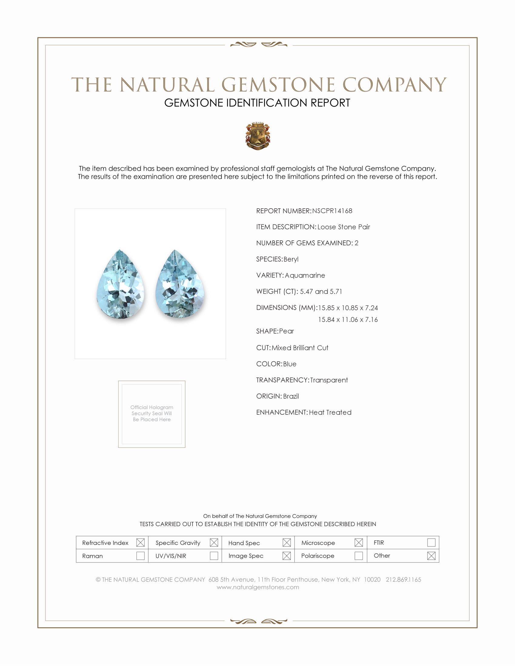 11.18 Ct.Tw. Blue Aquamarine Pair from Brazil