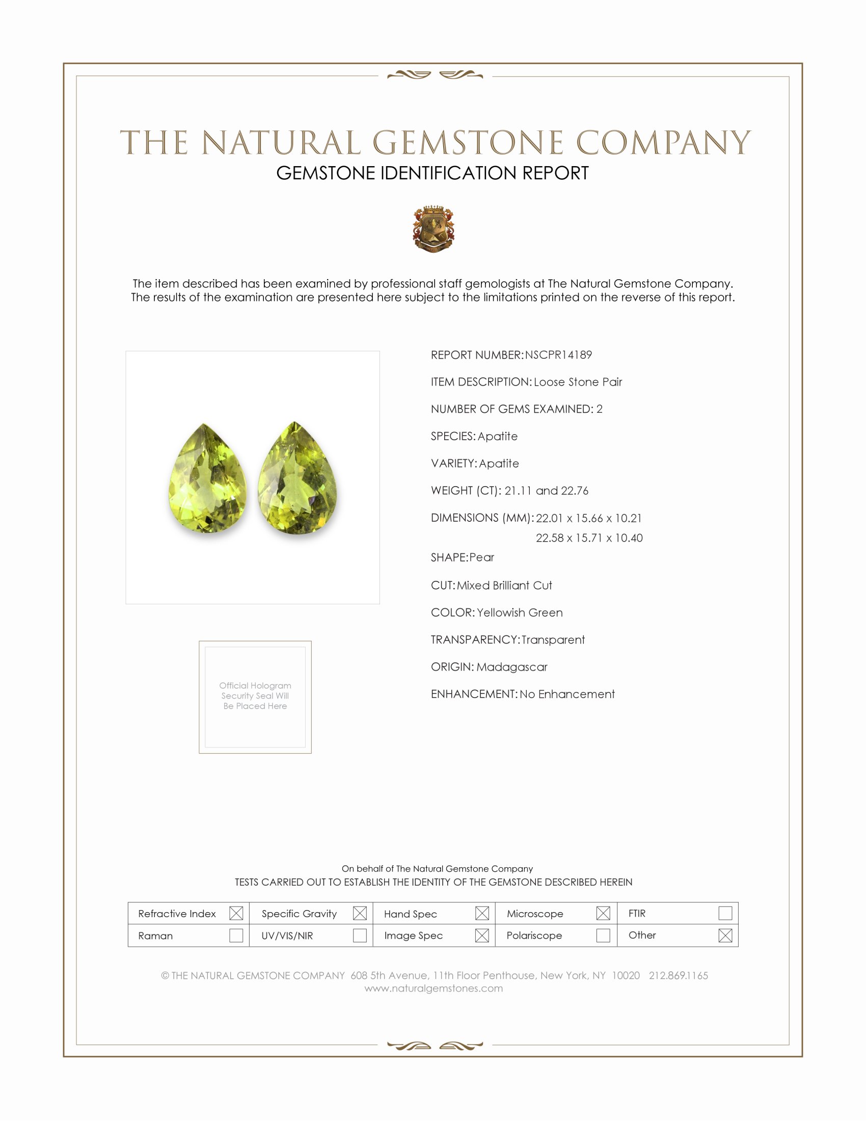 43.87 Ct.Tw. Yellowish Green Apatite Pair from Madagascar