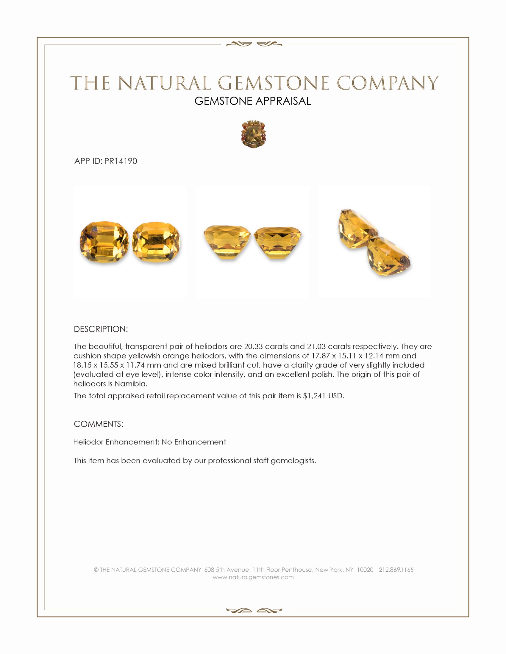 41.36 Ct.Tw. Yellowish Orange Heliodor Pair from Namibia