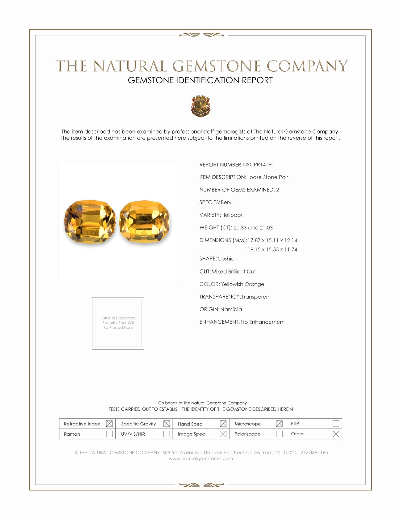 41.36 Ct.Tw. Yellowish Orange Heliodor Pair from Namibia