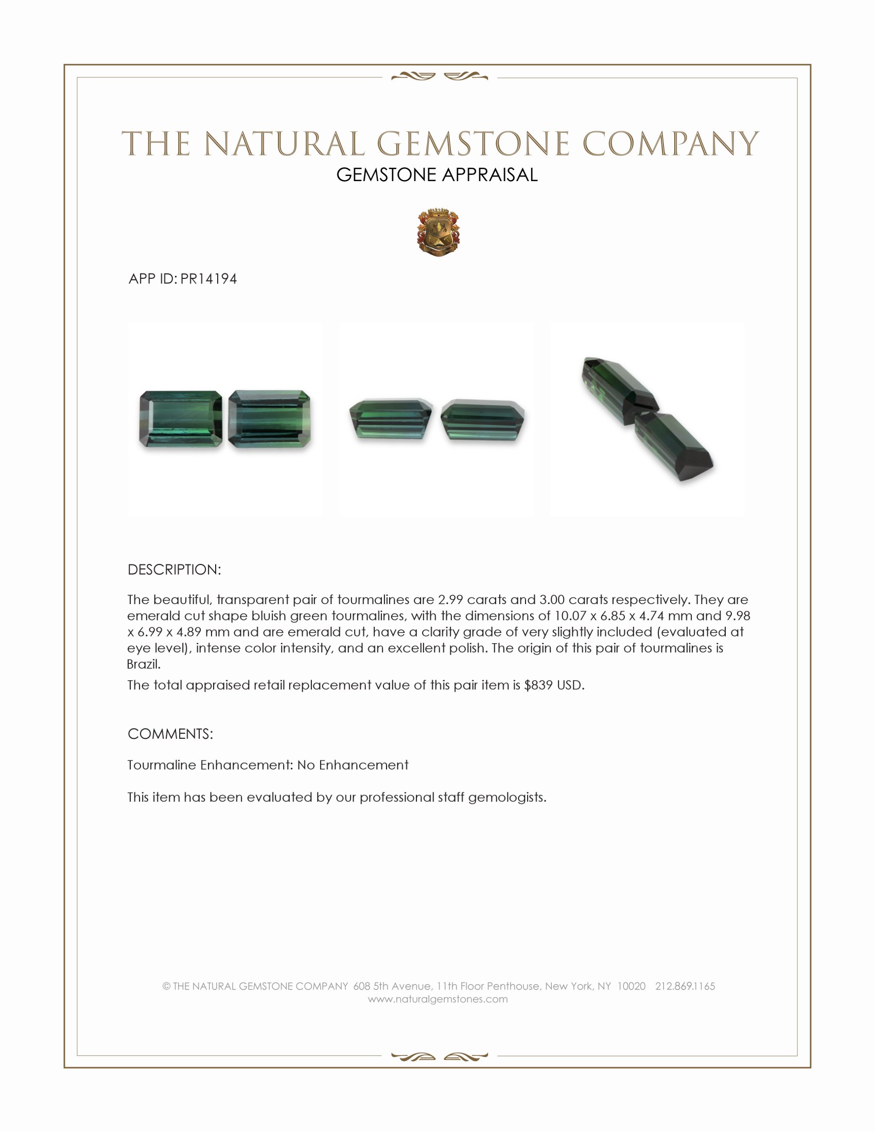 5.99 Ct.Tw. Bluish Green Tourmaline Pair from Brazil