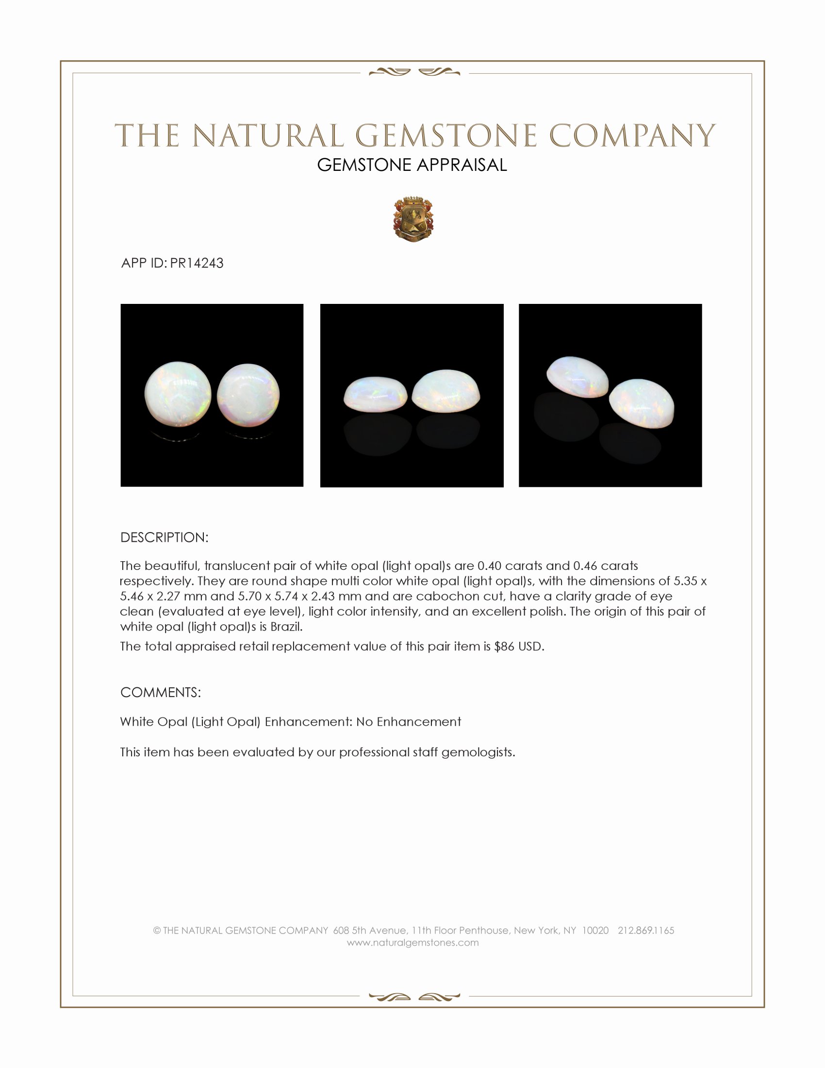 0.86 Ct.Tw. Multi Color Cabochon White Opal (Light Opal) Pair from Brazil