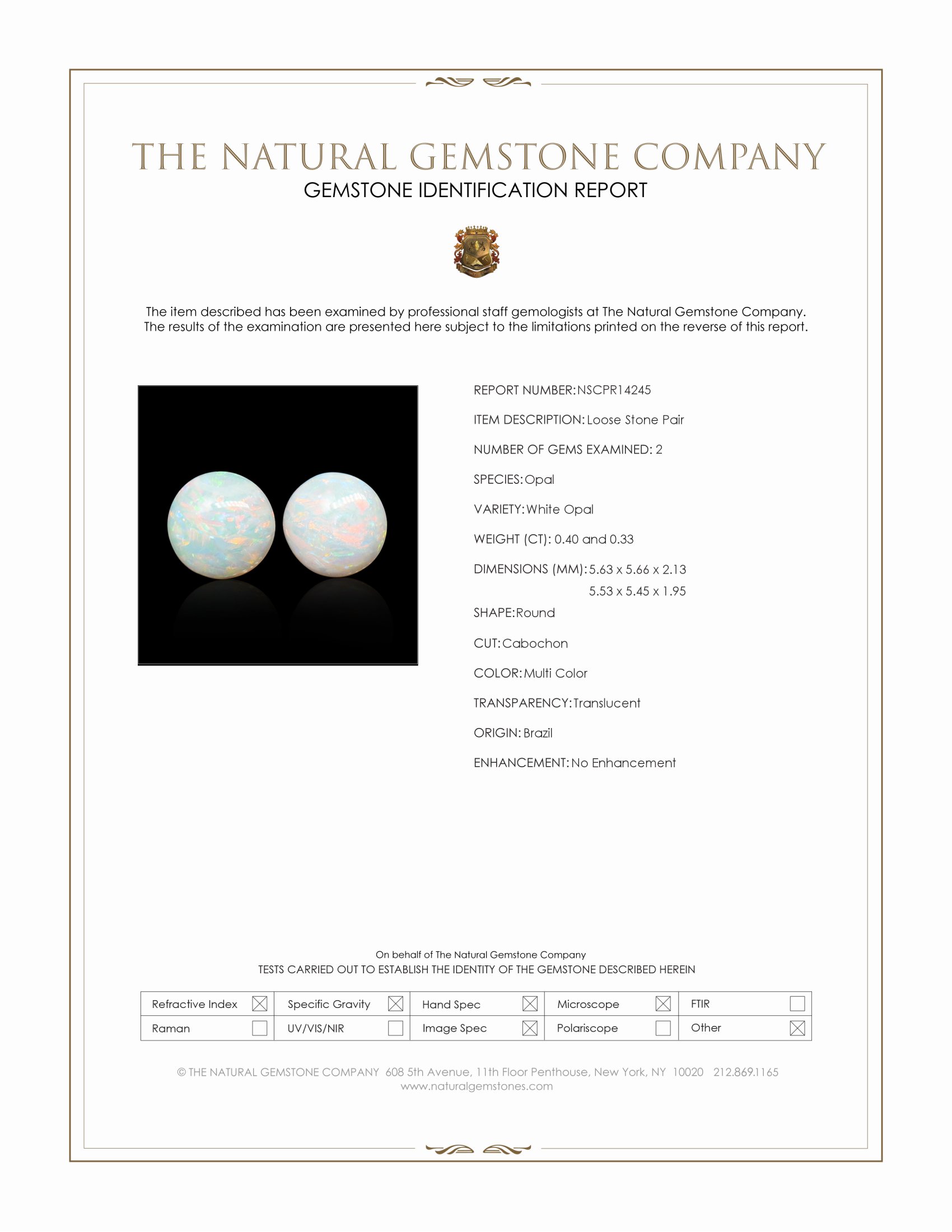 0.73 Ct.Tw. Multi Color Cabochon White Opal (Light Opal) Pair from Brazil