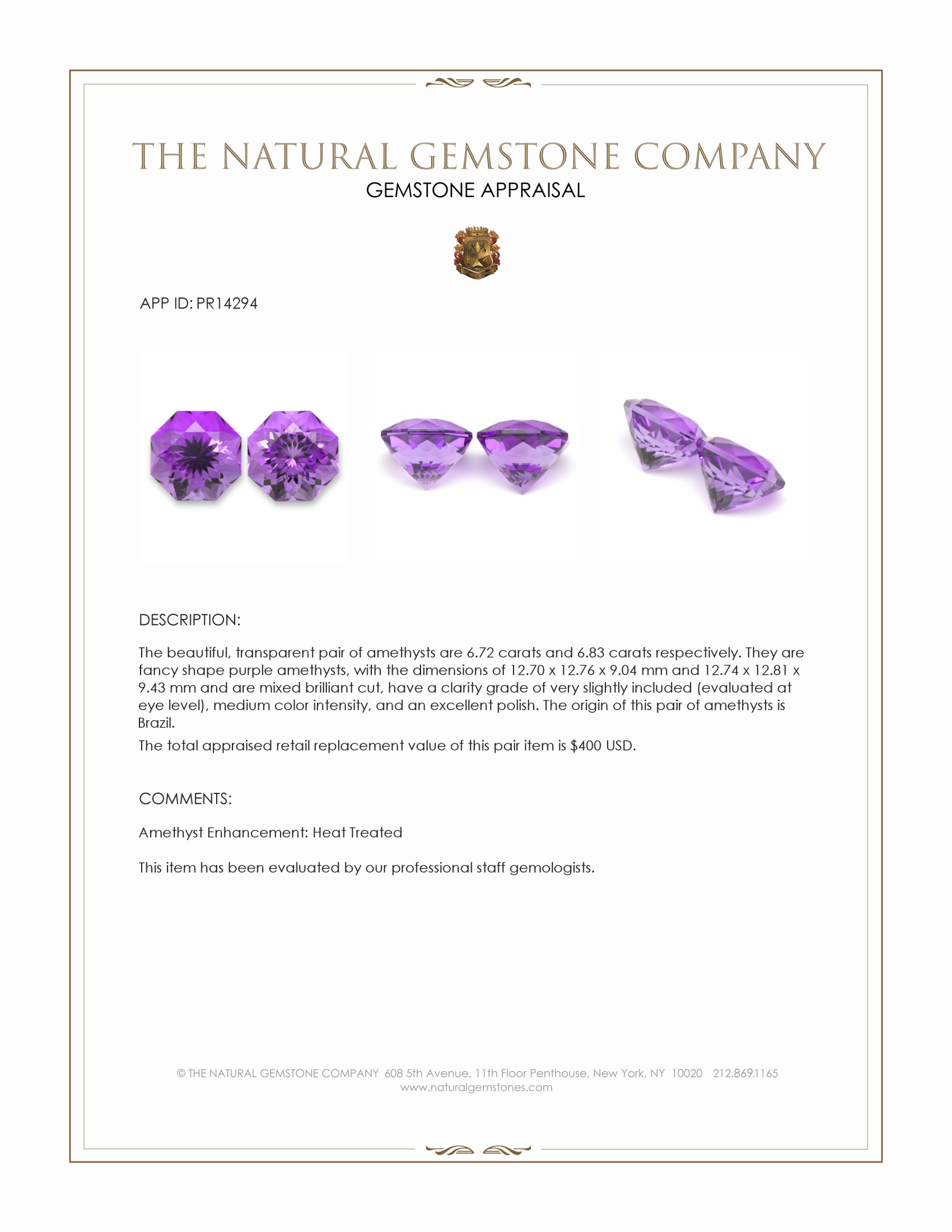 13.55 Ct.Tw. Purple Amethyst Pair from Brazil