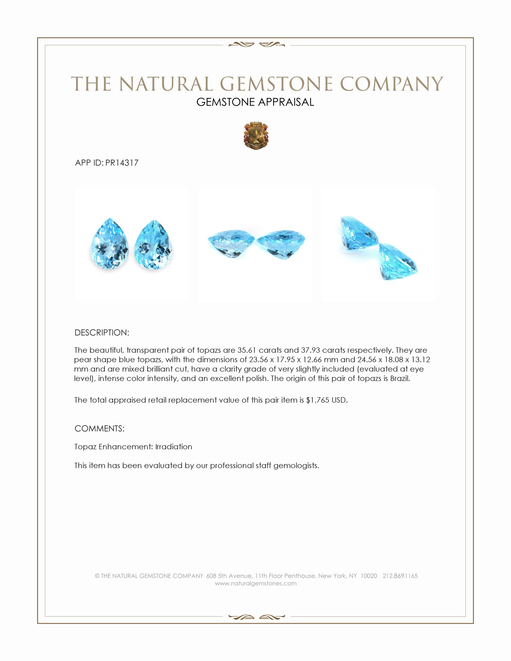 73.54 Ct.Tw. Blue Topaz Pair from Brazil