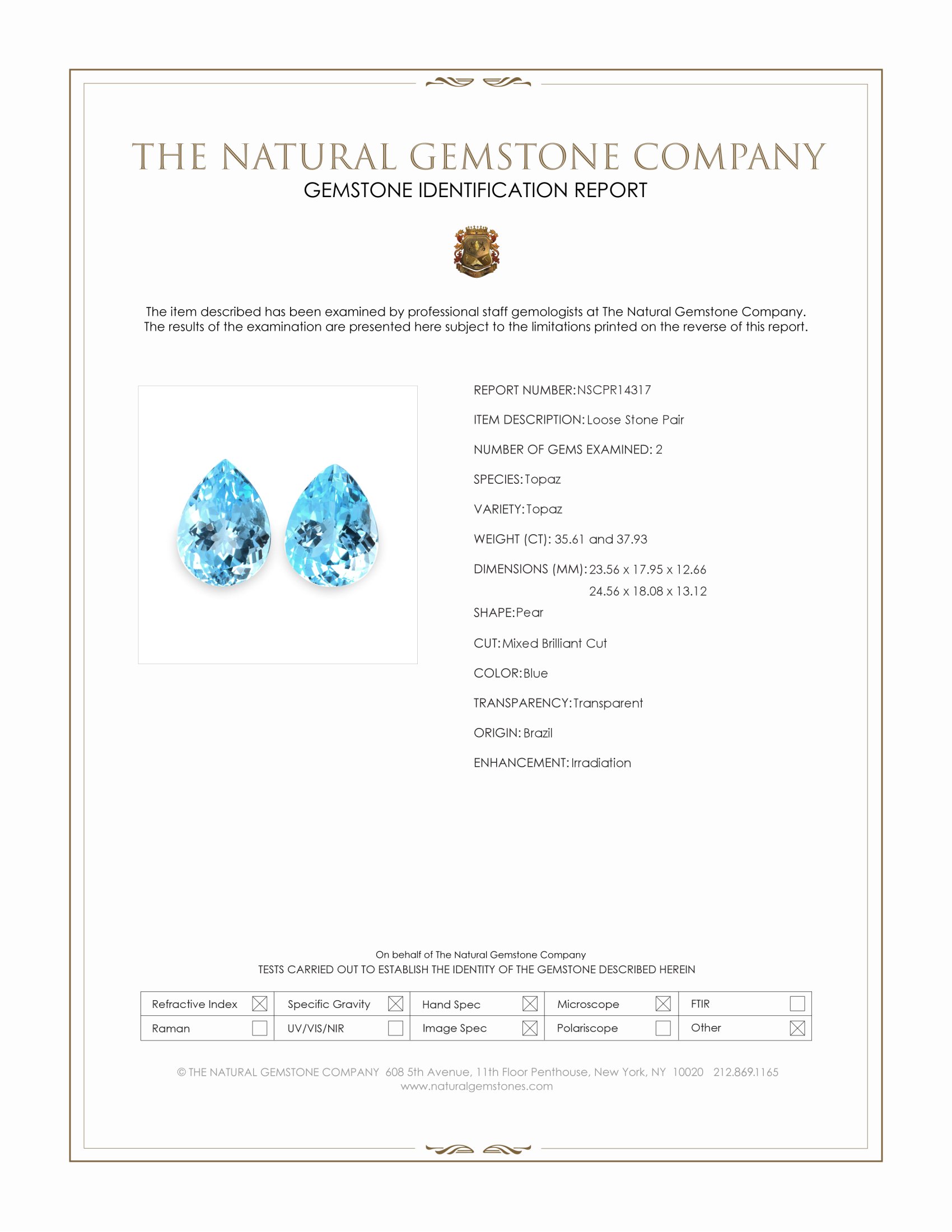 73.54 Ct.Tw. Blue Topaz Pair from Brazil