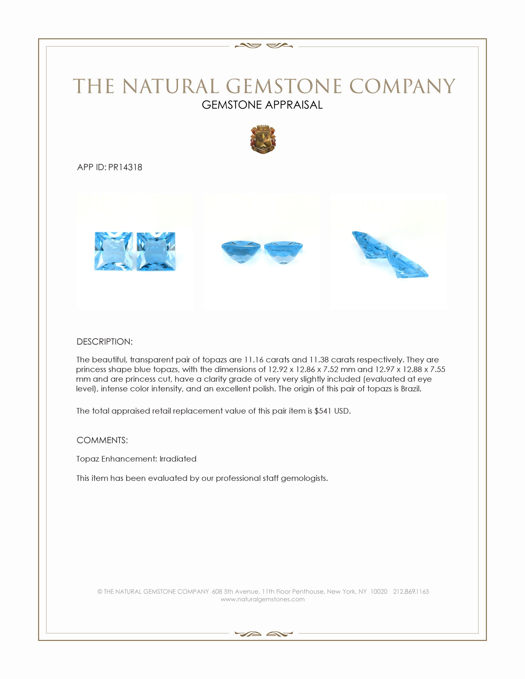 22.54 Ct.Tw. Blue Topaz Pair from Brazil