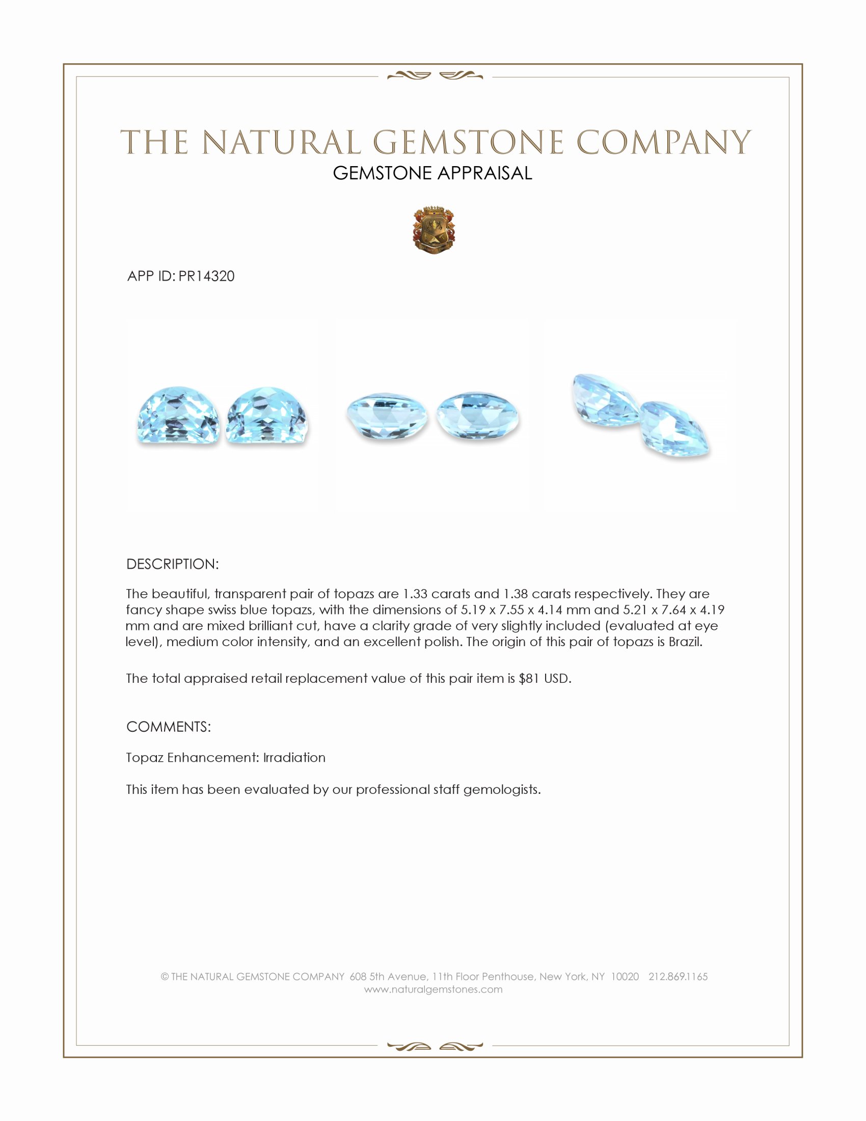 2.71 Ct.Tw. Swiss Blue Topaz Pair from Brazil