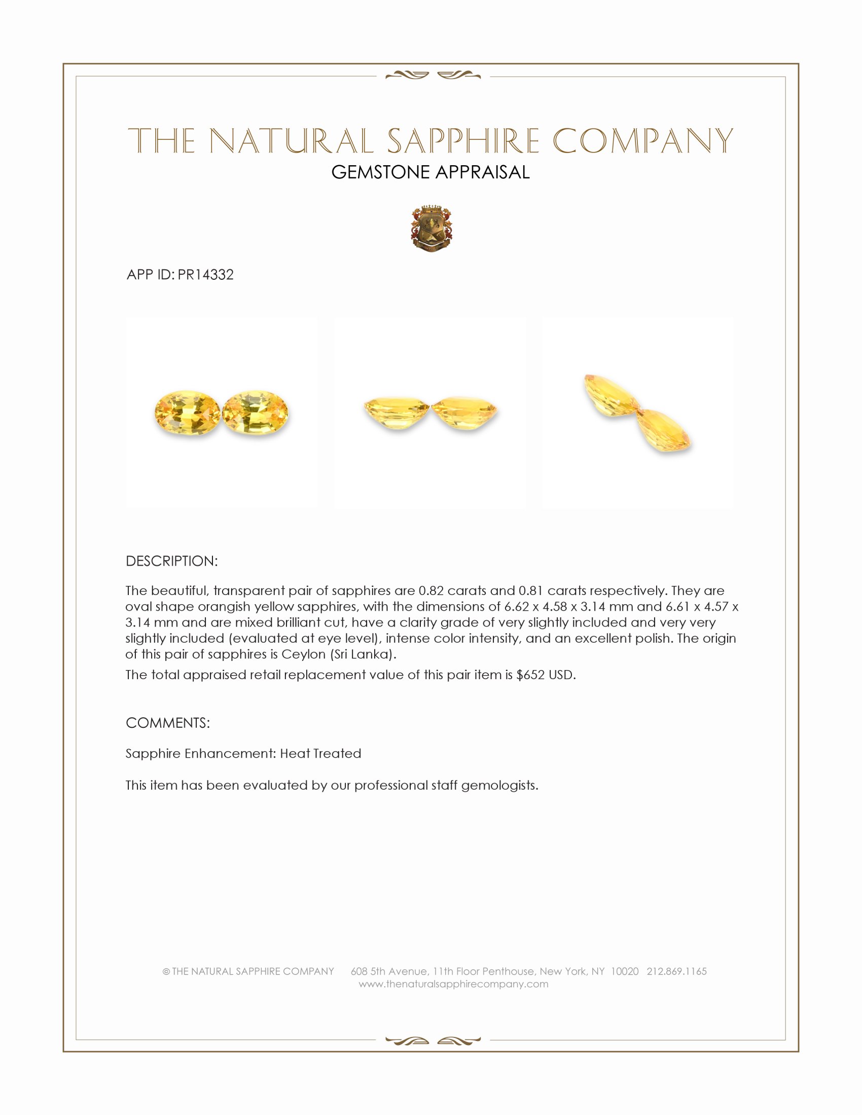 1.63 Ct.Tw. Orangish Yellow Sapphire Pair from Ceylon (Sri Lanka)