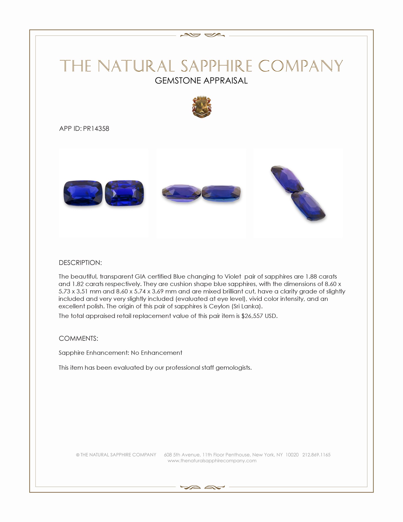 3.70 Ct.Tw. Blue Sapphire Pair from Ceylon (Sri Lanka)