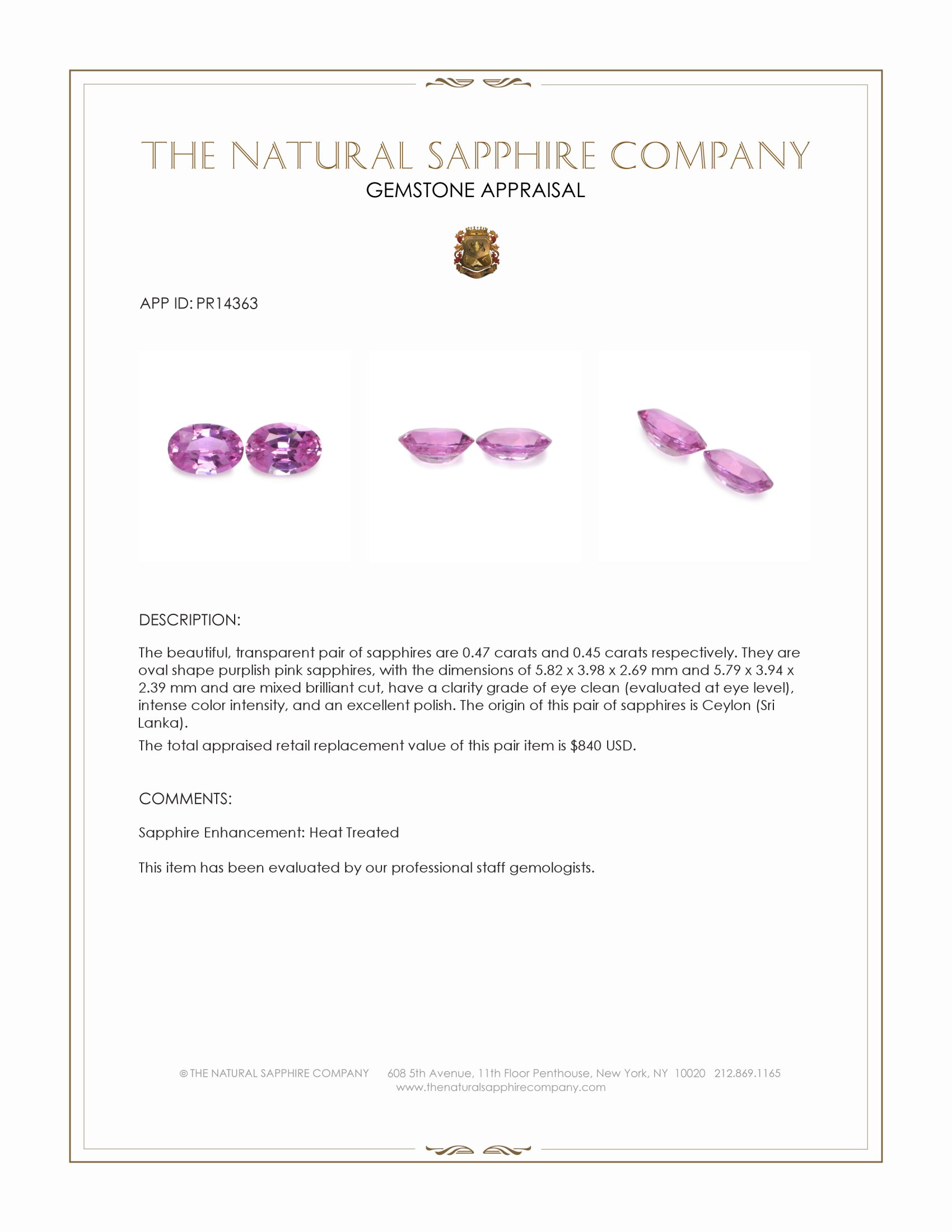 0.92 Ct.Tw. Purplish Pink Sapphire Pair from Ceylon (Sri Lanka)