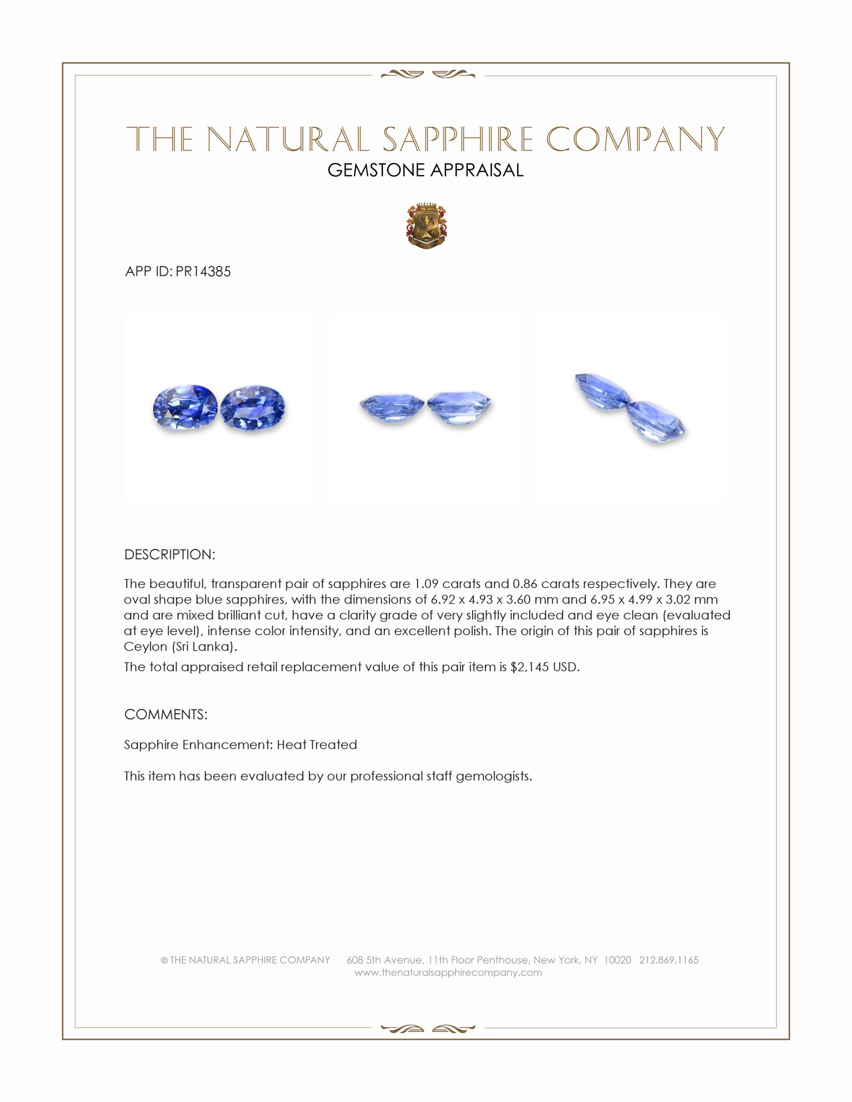 1.95 Ct.Tw. Blue Sapphire Pair from Ceylon (Sri Lanka)