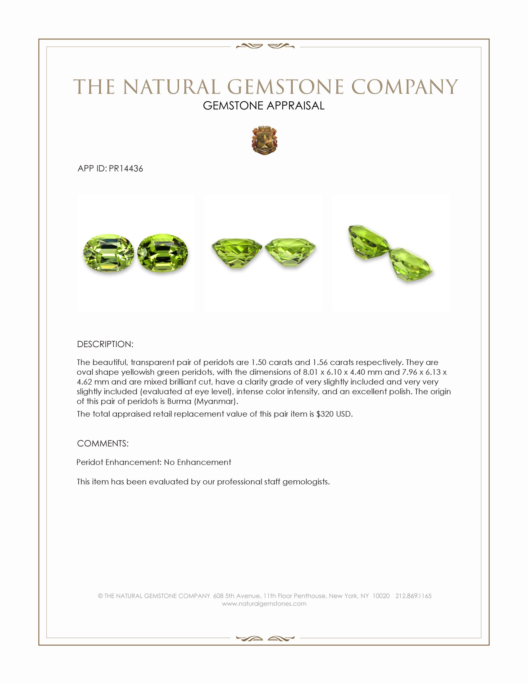 3.06 Ct.Tw. Yellowish Green Peridot Pair from Burma (Myanmar)