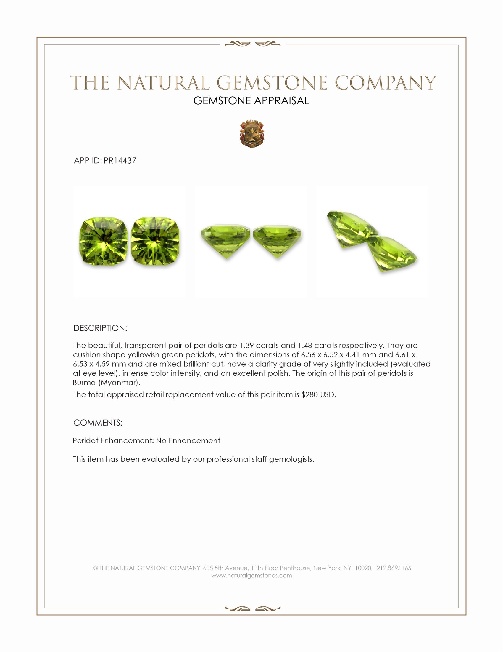 2.87 Ct.Tw. Yellowish Green Peridot Pair from Burma (Myanmar)