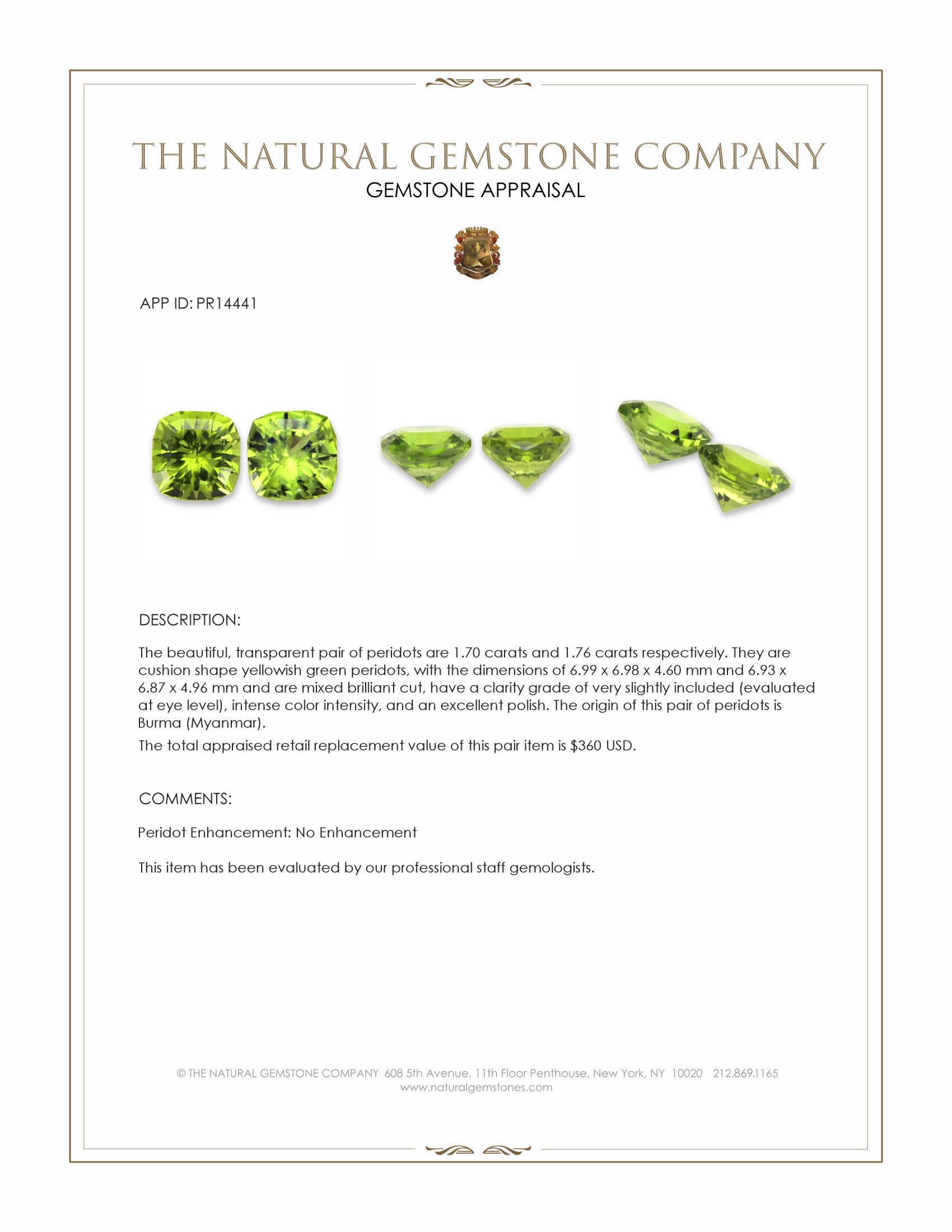 3.46 Ct.Tw. Yellowish Green Peridot Pair from Burma (Myanmar)