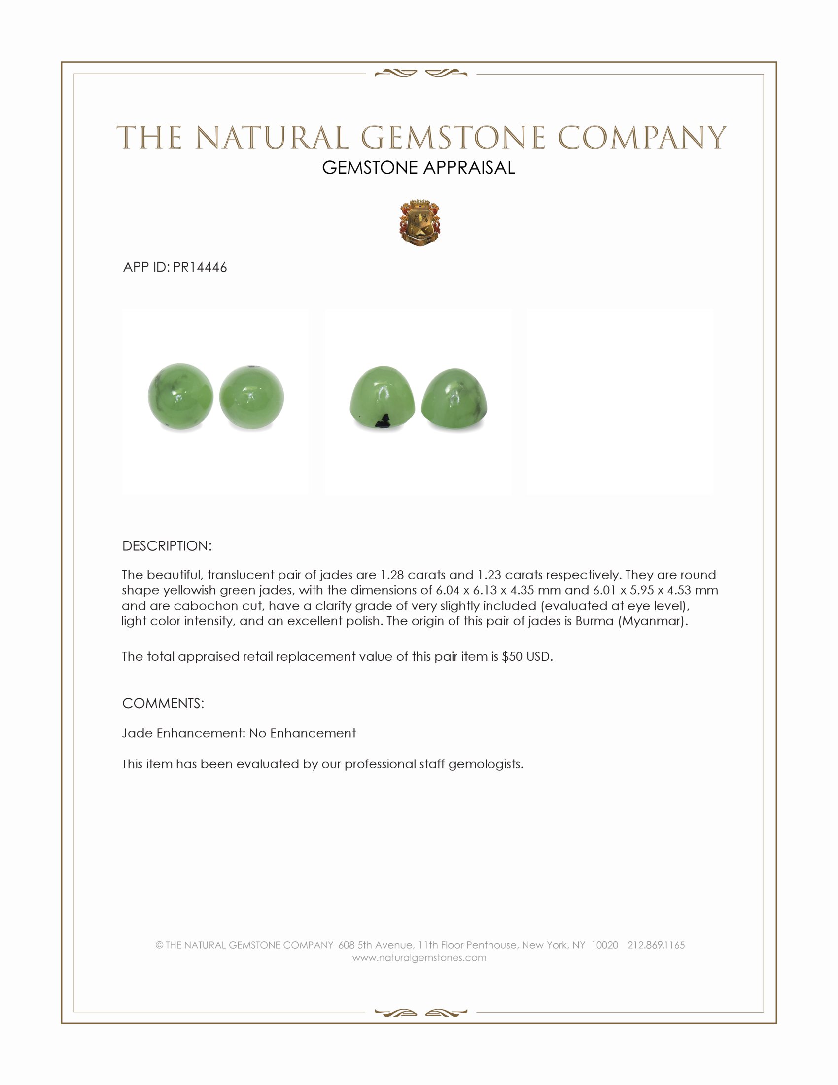 2.51 Ct.Tw. Yellowish Green Cabochon Jade Pair from Burma (Myanmar)