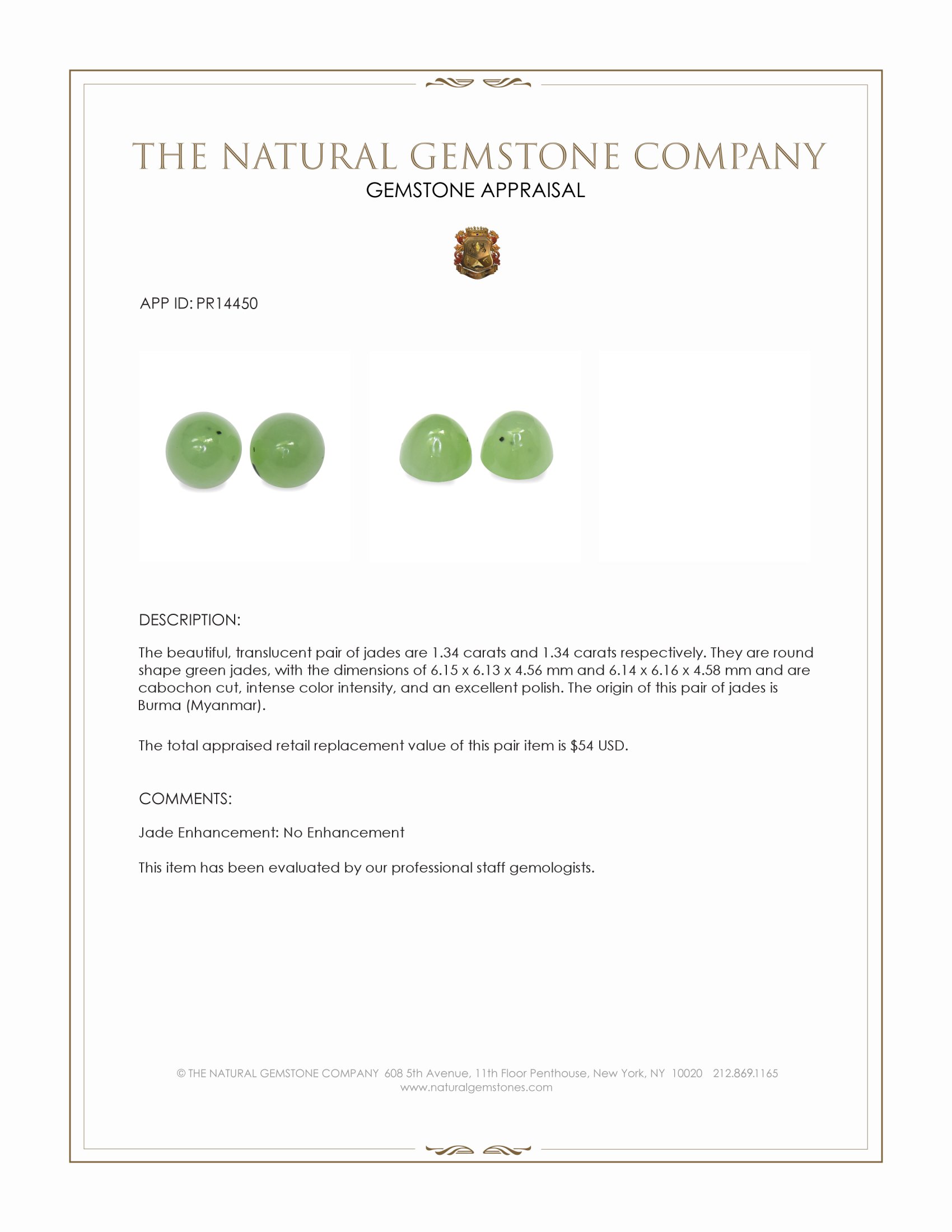2.68 Ct.Tw. Green Cabochon Jade Pair from Burma (Myanmar)