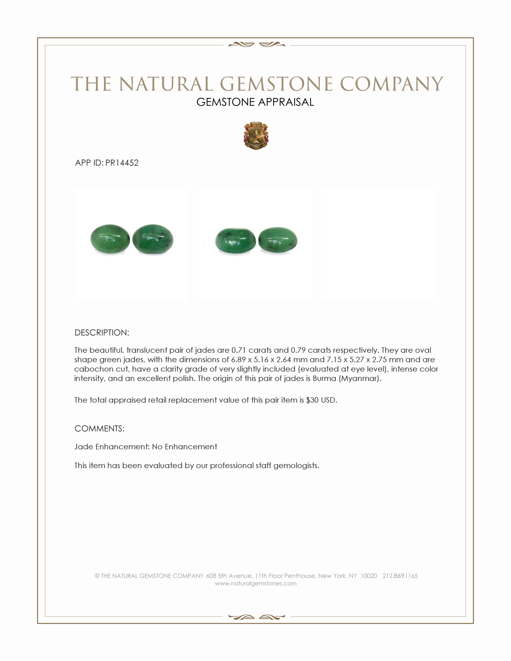 1.50 Ct.Tw. Green Cabochon Jade Pair from Burma (Myanmar)