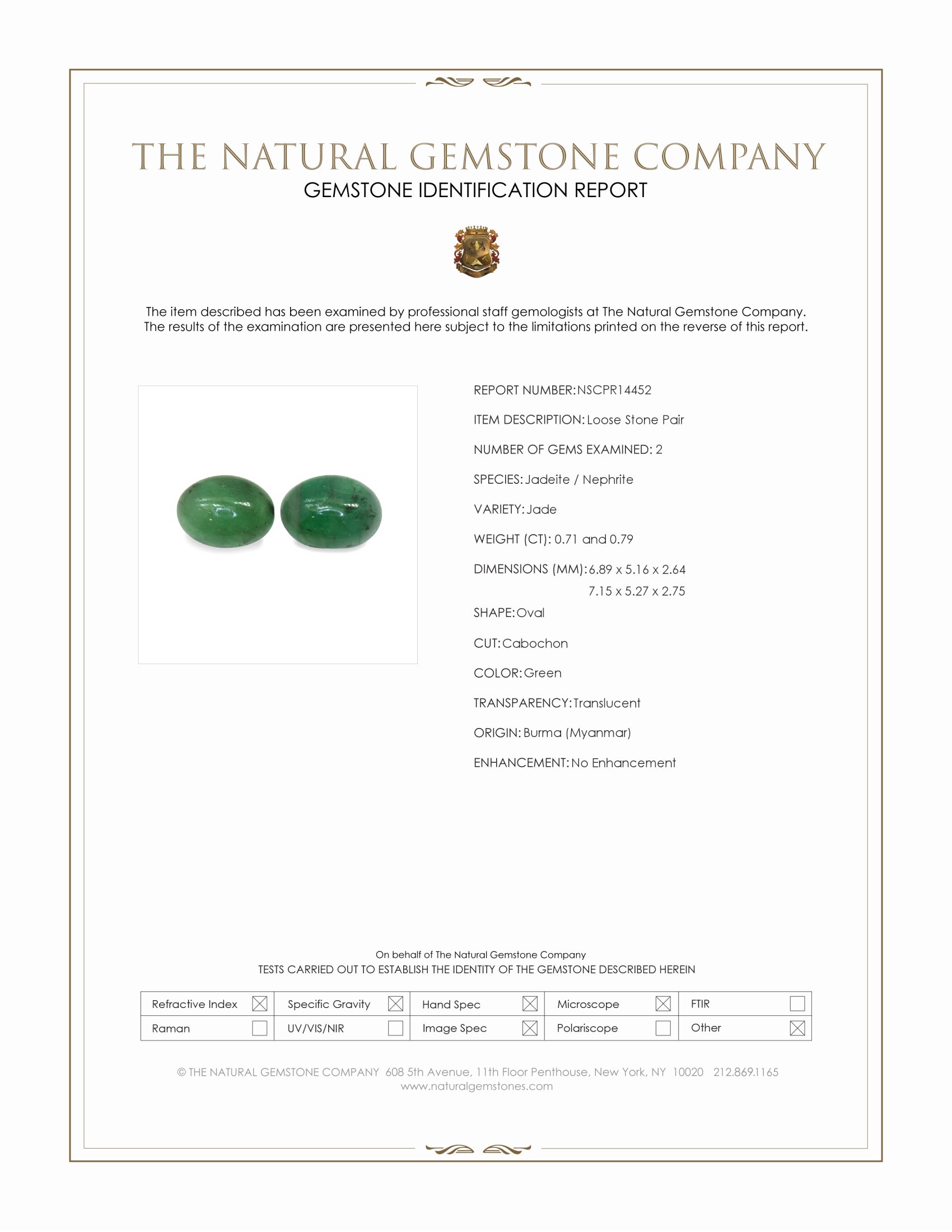 1.50 Ct.Tw. Green Cabochon Jade Pair from Burma (Myanmar)
