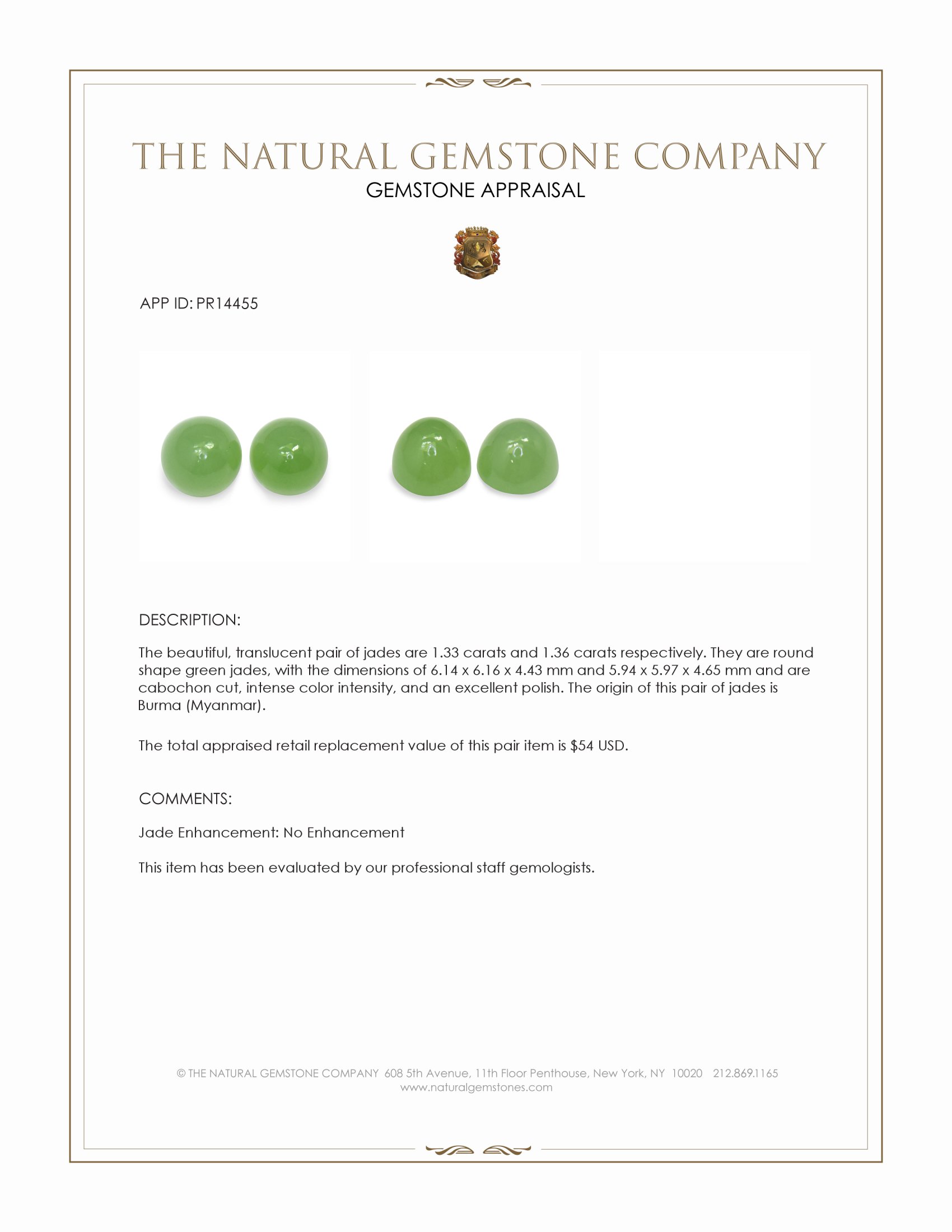 2.69 Ct.Tw. Green Cabochon Jade Pair from Burma (Myanmar)