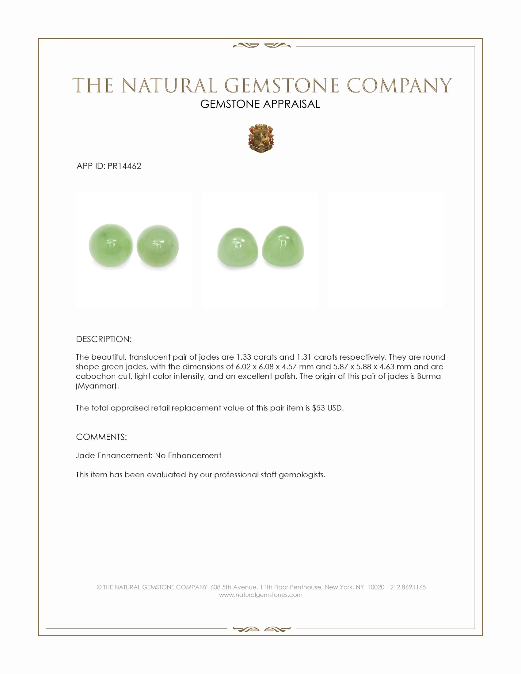 2.64 Ct.Tw. Green Cabochon Jade Pair from Burma (Myanmar)