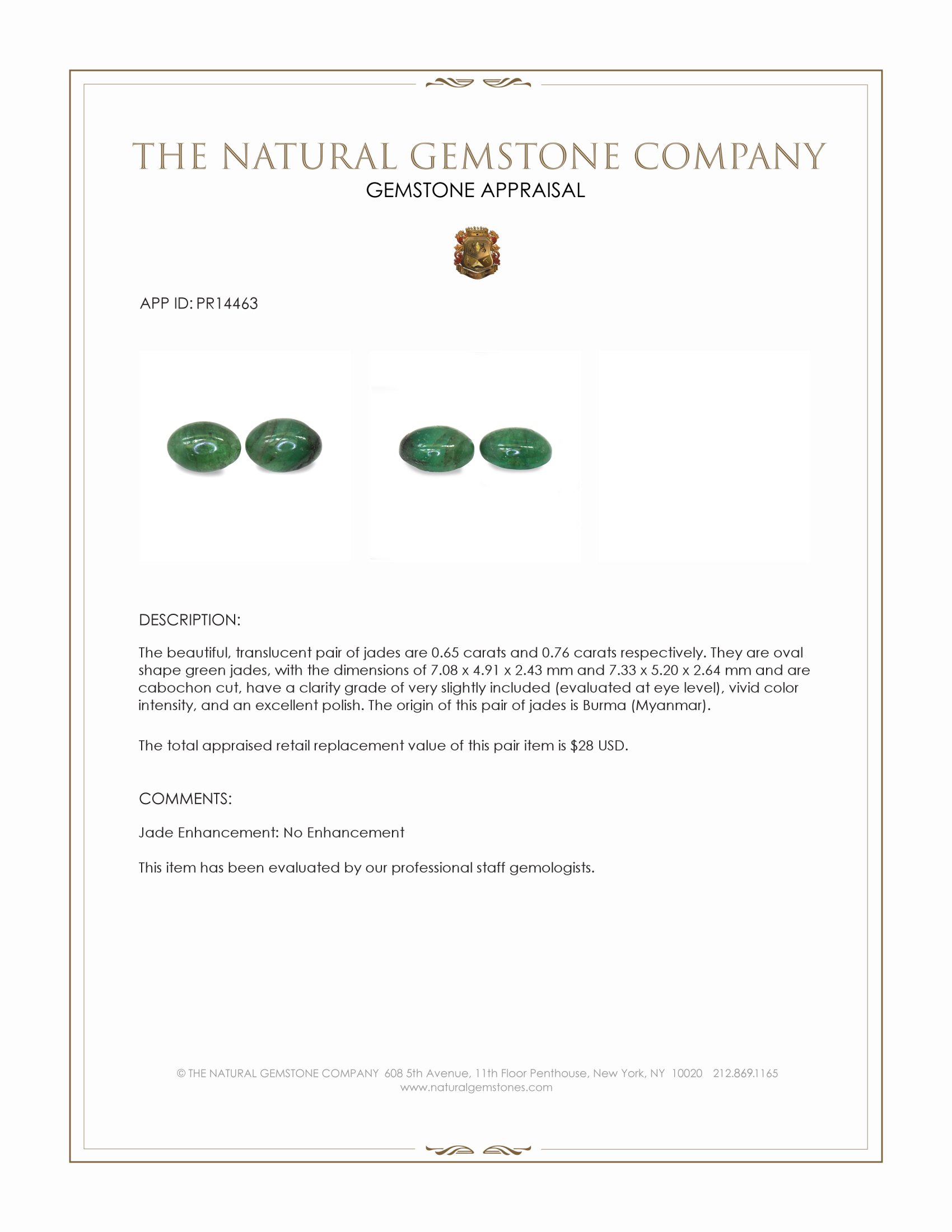 1.41 Ct.Tw. Green Cabochon Jade Pair from Burma (Myanmar)