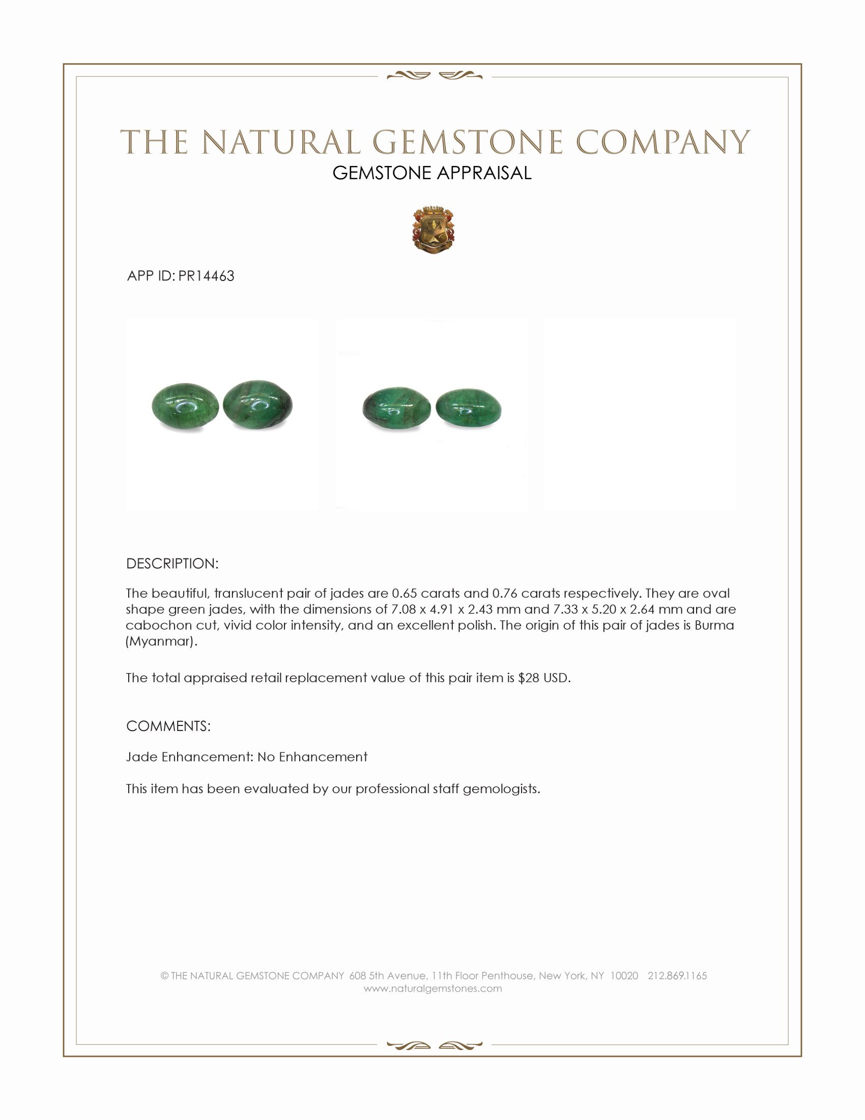 1.41 Ct.Tw. Green Cabochon Jade Pair from Burma (Myanmar)