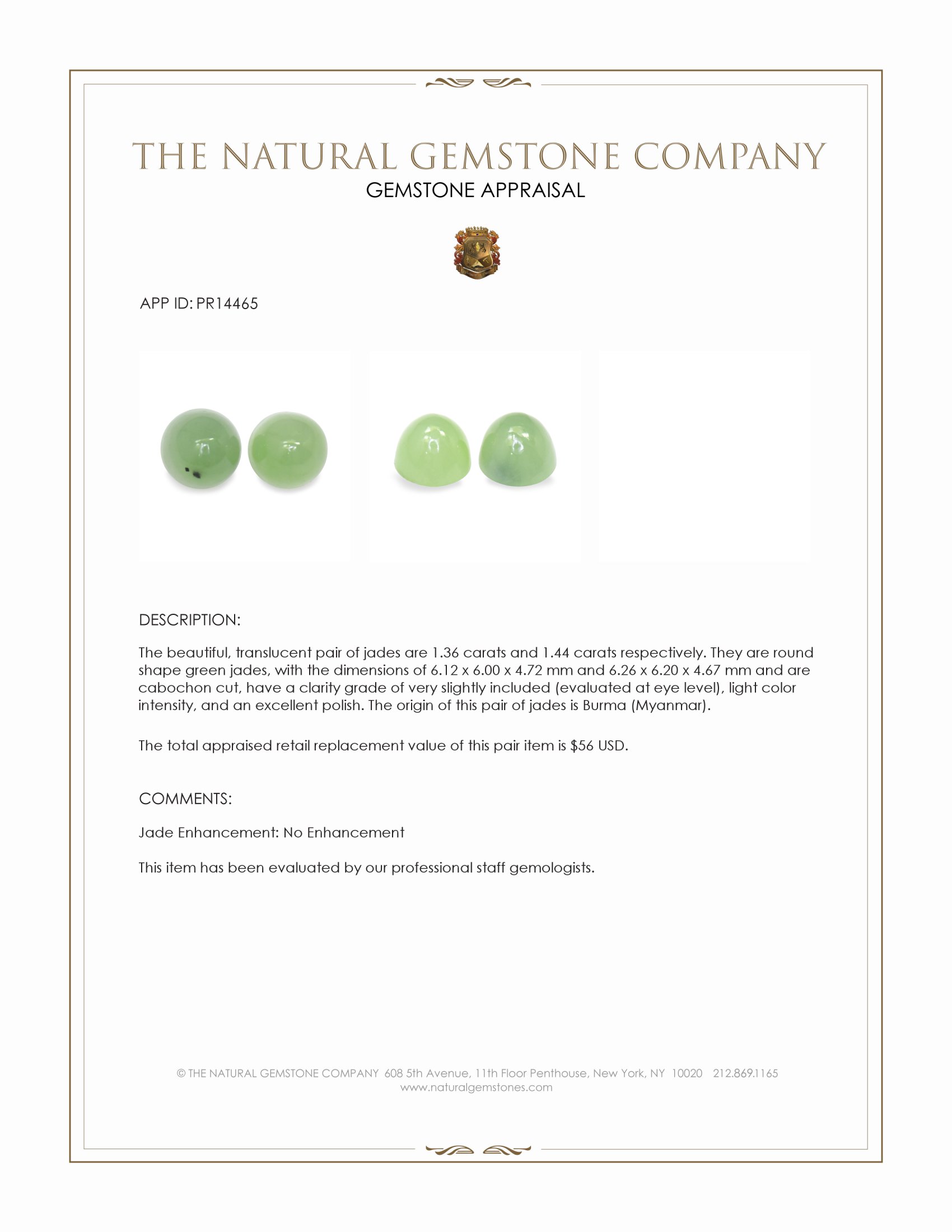 2.80 Ct.Tw. Green Cabochon Jade Pair from Burma (Myanmar)